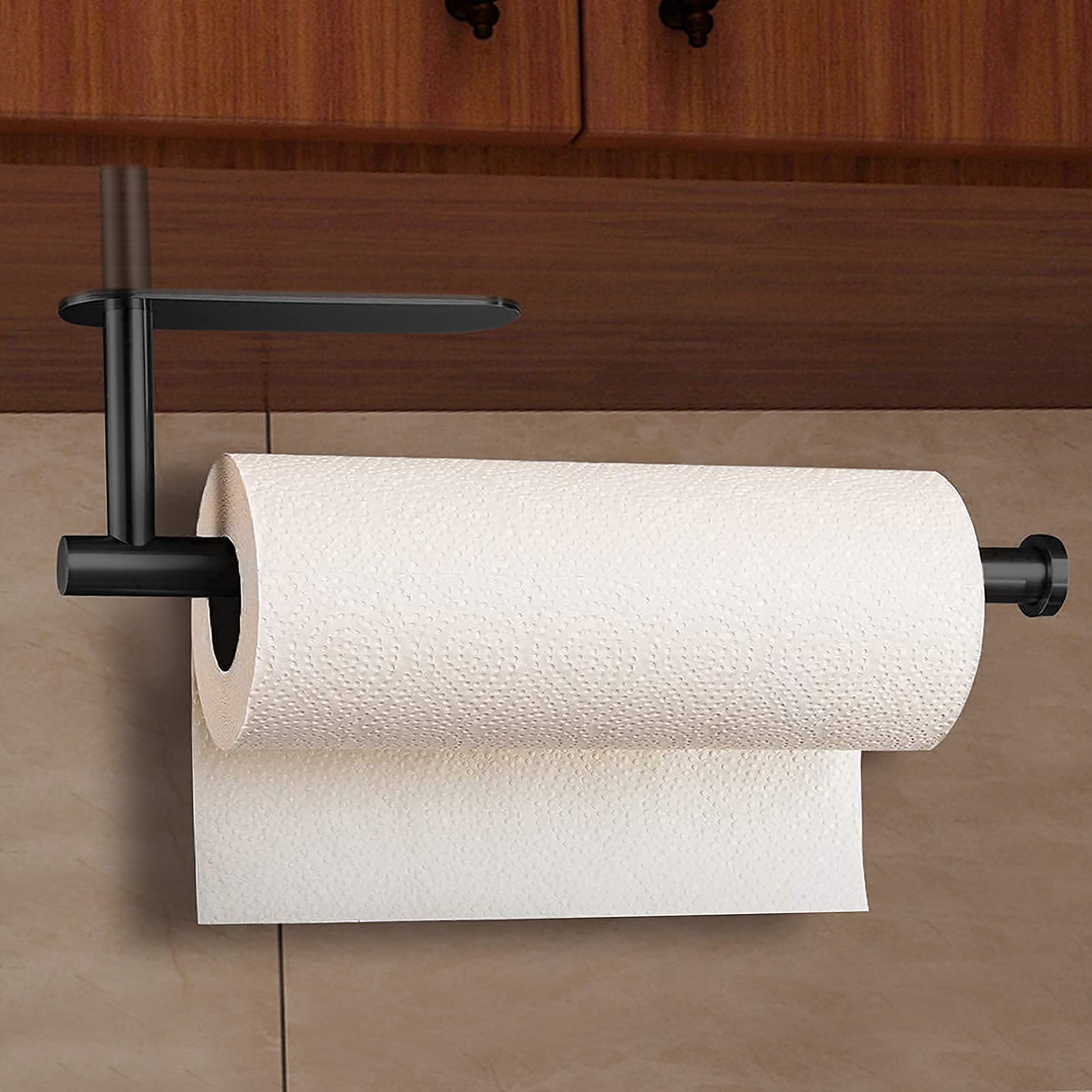 Under Cabinet Paper Towel Holder - Matt Black Self-Adhesive Bathroom & Kitchen Organizer, Horizontal/Vertical Wall Mount for Countertop - Perfect for Small Spaces & RV Use