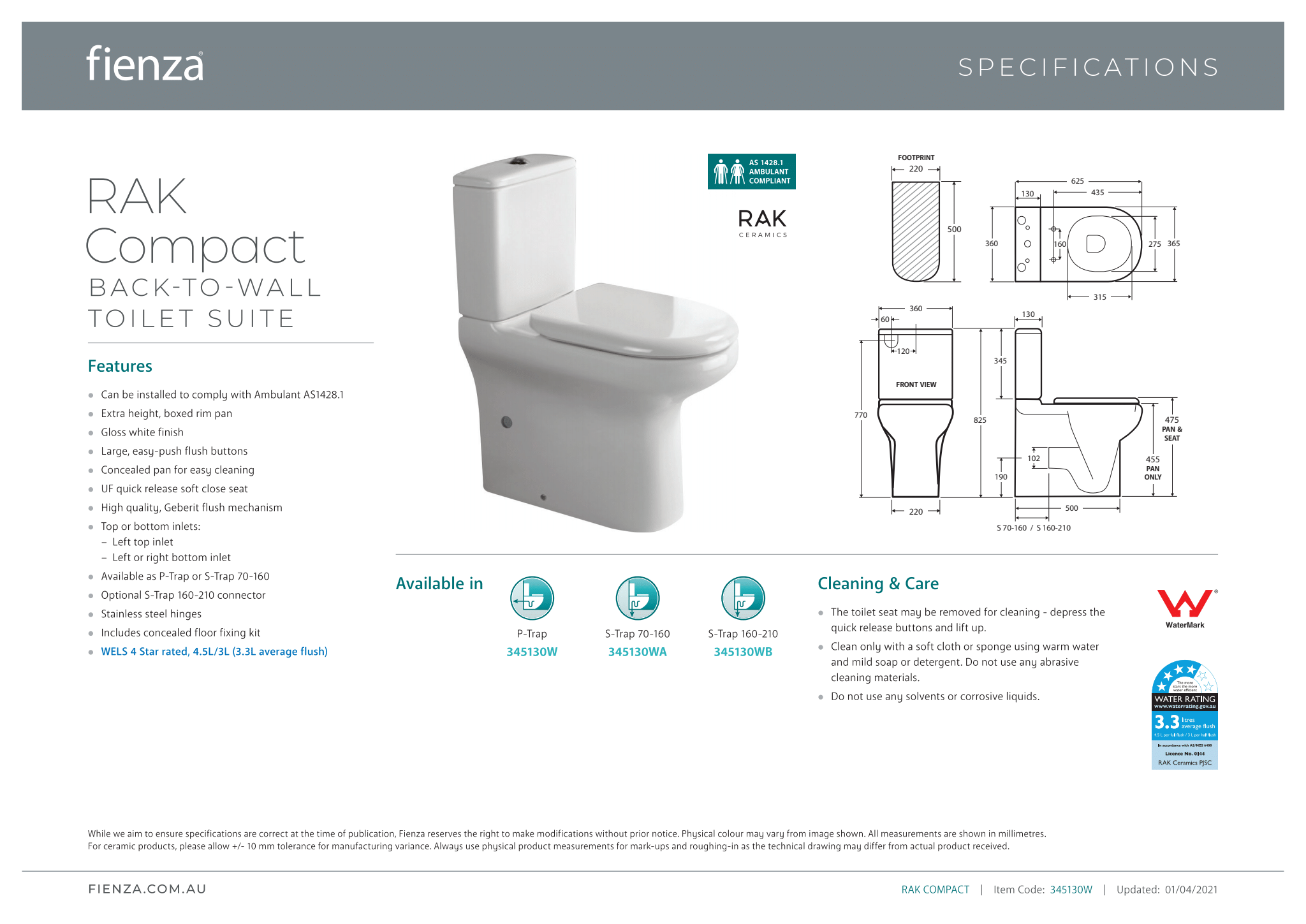 Fienza Rak Compact Back to Wall Toilet Suite with Soft Close Seat - Space Saving Bathroom Solution for Small Homes & Apartments
