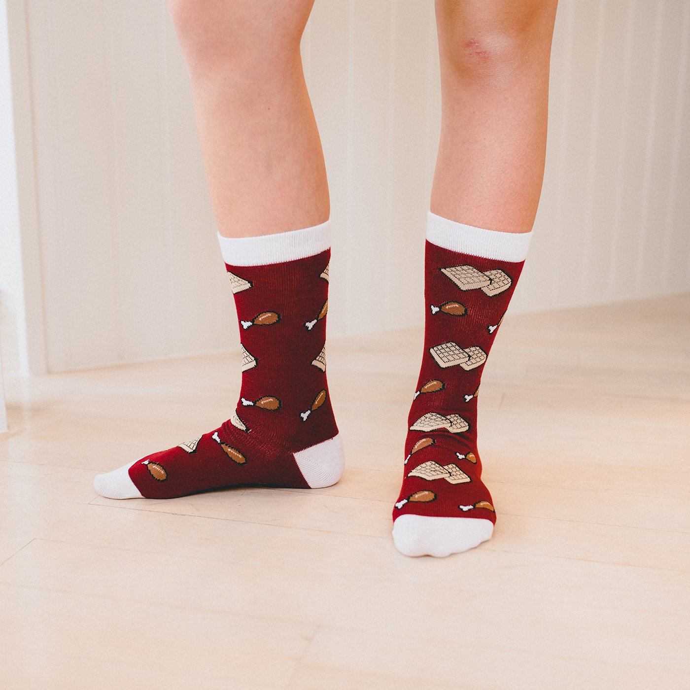 Funky Chicken & Waffles Crew Socks - Crazy Novelty Socks for Men, Women & Kids - Comfortable Cotton Blend Socks for Casual Wear, Cosplay & Gift Giving