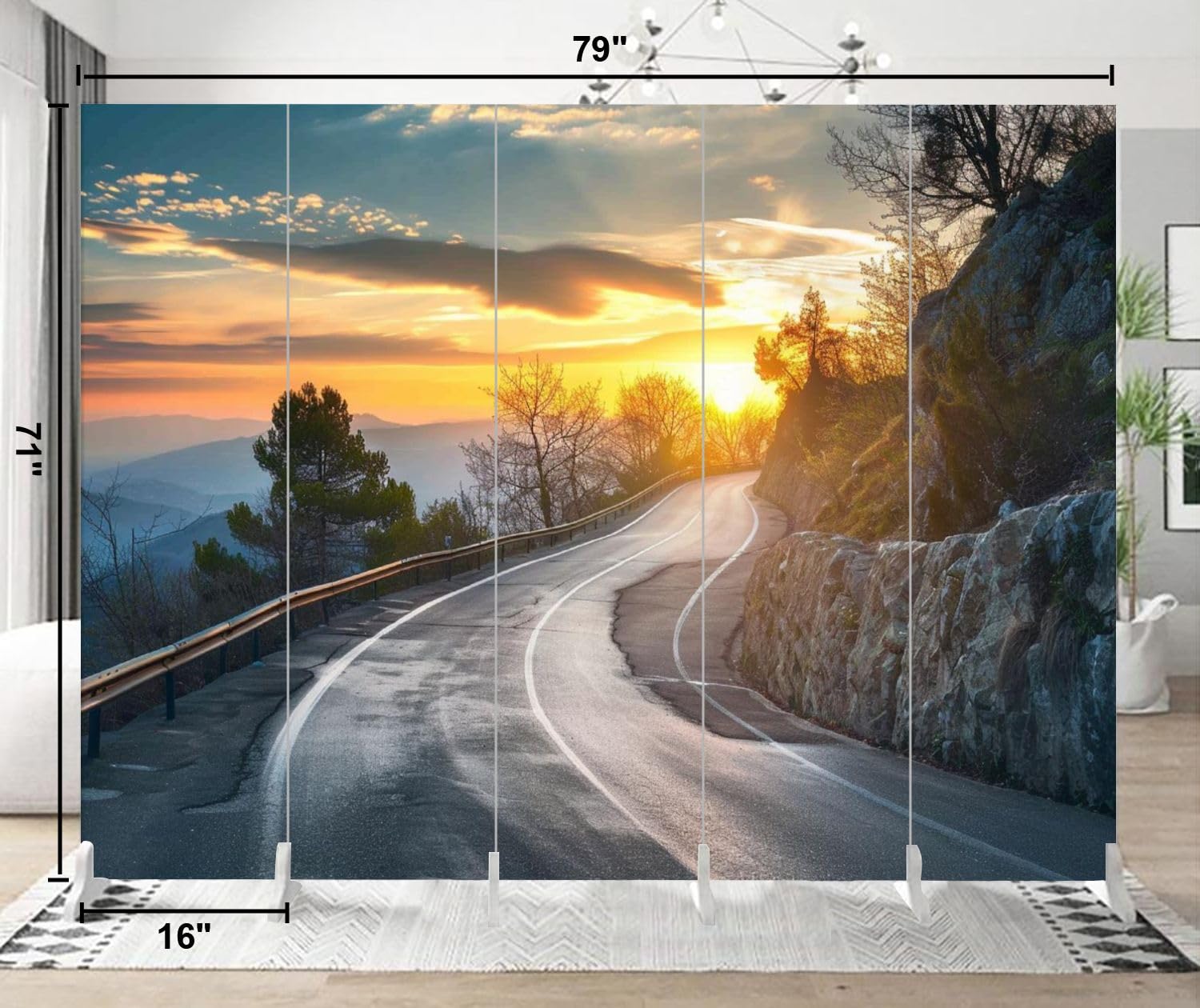 5-Panel Folding Room Divider - Mountain Road Landscape with Sunny Sky & Clouds Canvas Print - Freestanding Privacy Partition for Bedroom, Office & Living Room - Indoor Protective Screen & Space Separator