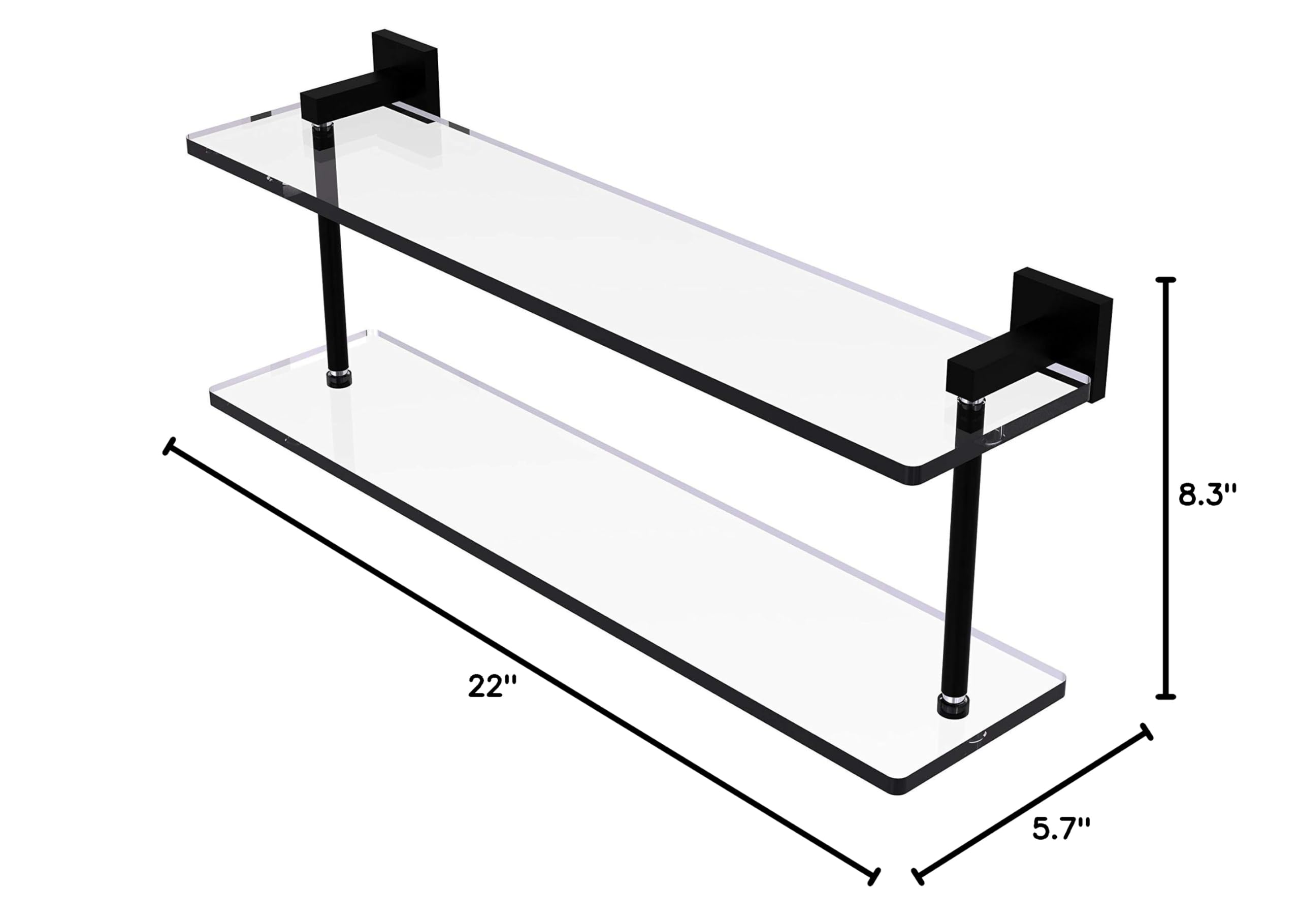Allied Brass MT-2-22 Montero Collection 22 Inch Two Tiered Glass Shelf in Matte Black - Perfect for Bathroom, Kitchen, or Living Room Storage & Display