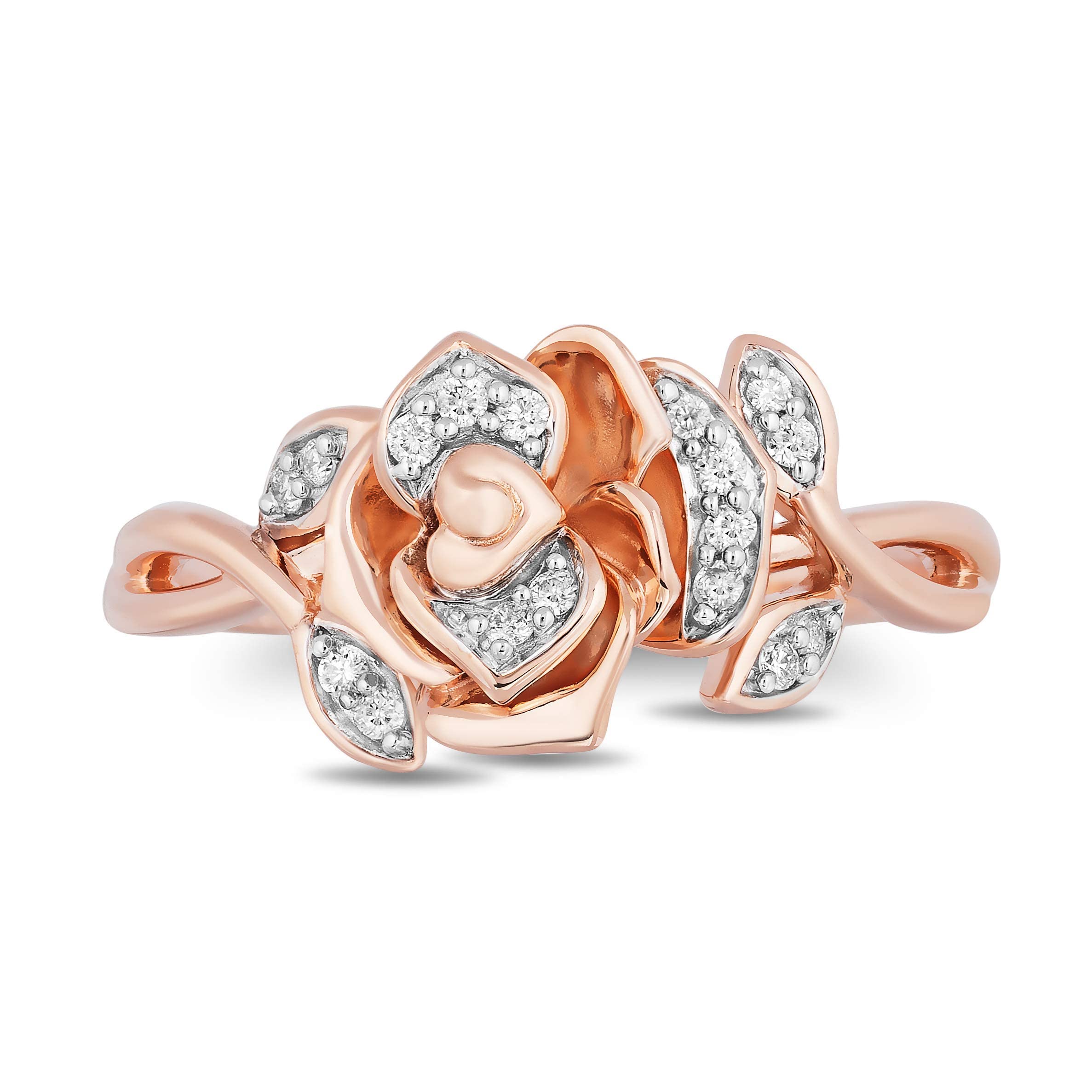 Jewelili Enchanted Disney Belle Rose Ring - 14K Rose Gold over Sterling Silver with 1/10 Cttw White Round Diamonds | Elegant Disney Princess Jewelry for Women, Perfect for Weddings, Anniversaries & Special Occasions