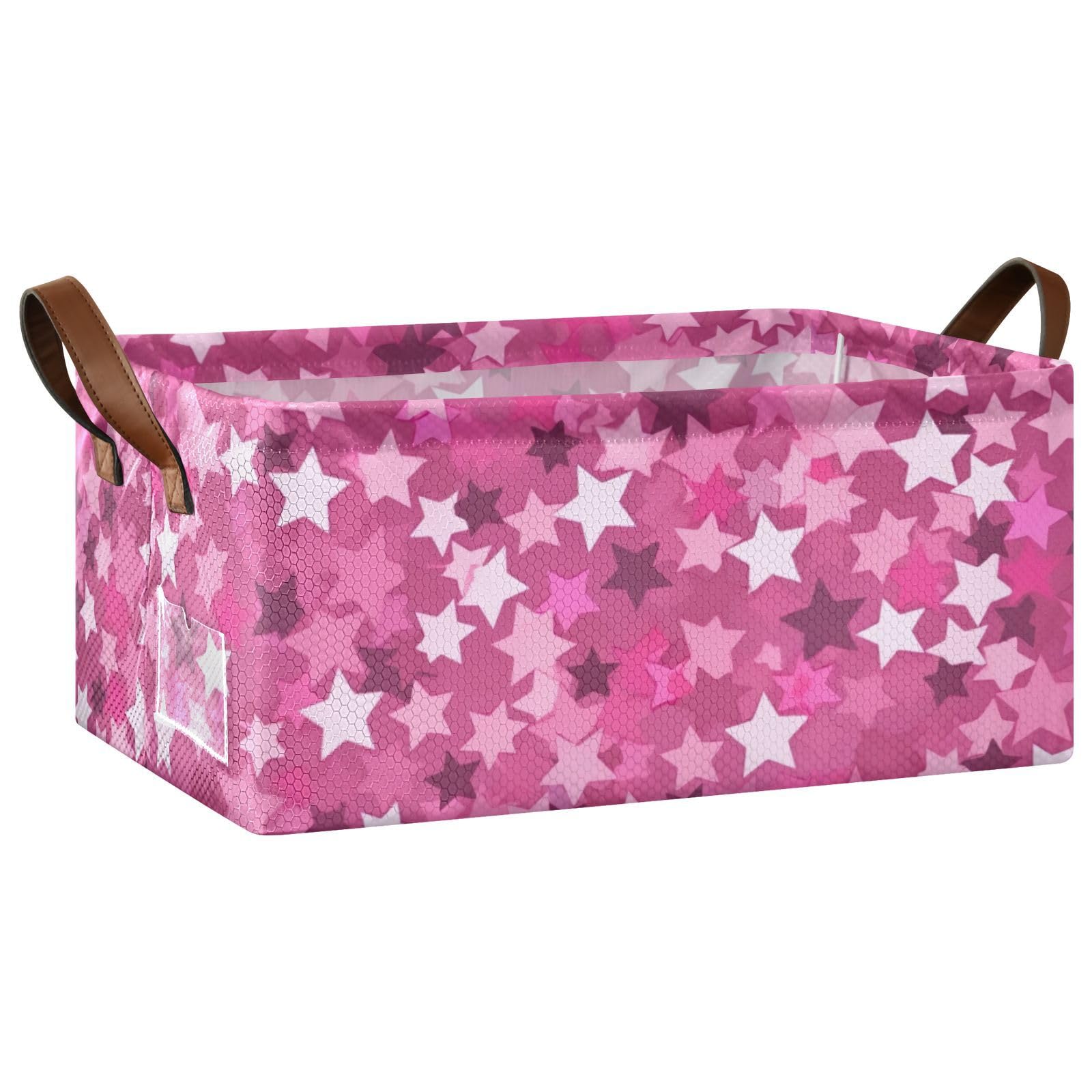 Pink Stars Large Fabric Storage Baskets with Handles - 2 Pack Closet Organizer Bins for Shelves, Home & Office Organization | Perfect for Bedroom, Bathroom & Kids Room Storage