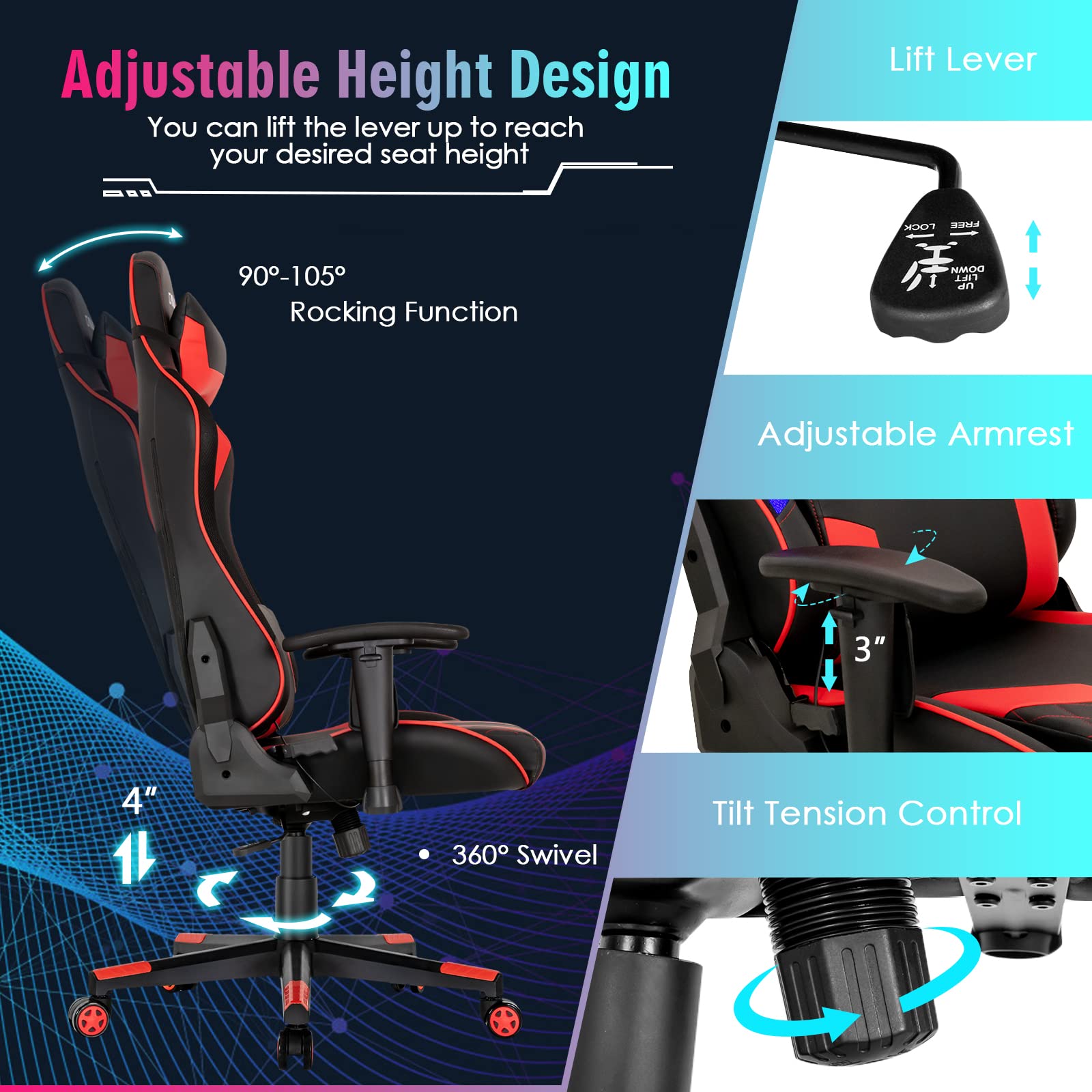 Powerstone RGB Gaming Chair - Ergonomic Racing Style Computer Chair for Adults with Adjustable Lumbar Support & Armrests - High Back Office Desk Chair for Gamers (Red) - Perfect for Esports, Streaming & Home Office Workspace