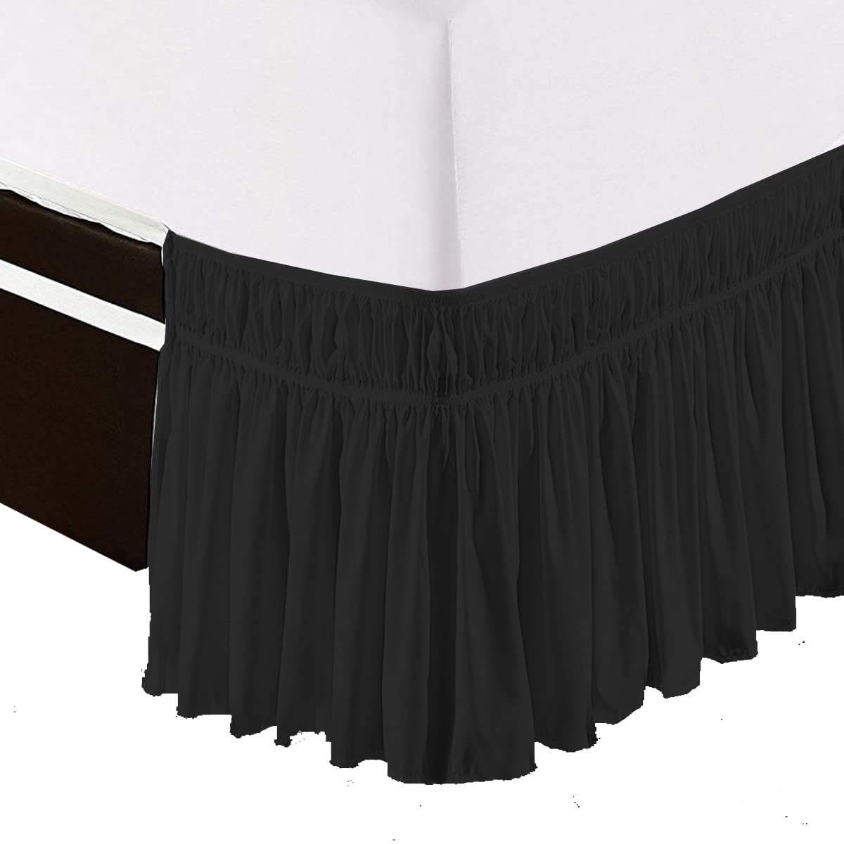 King Size Wrap Around Bed Skirt - 18 Inch Drop, Easy Fit Gathered Style with 3-Sided Coverage - Solid Black for Luxury Bedroom Decor & Hotel Style Bedding