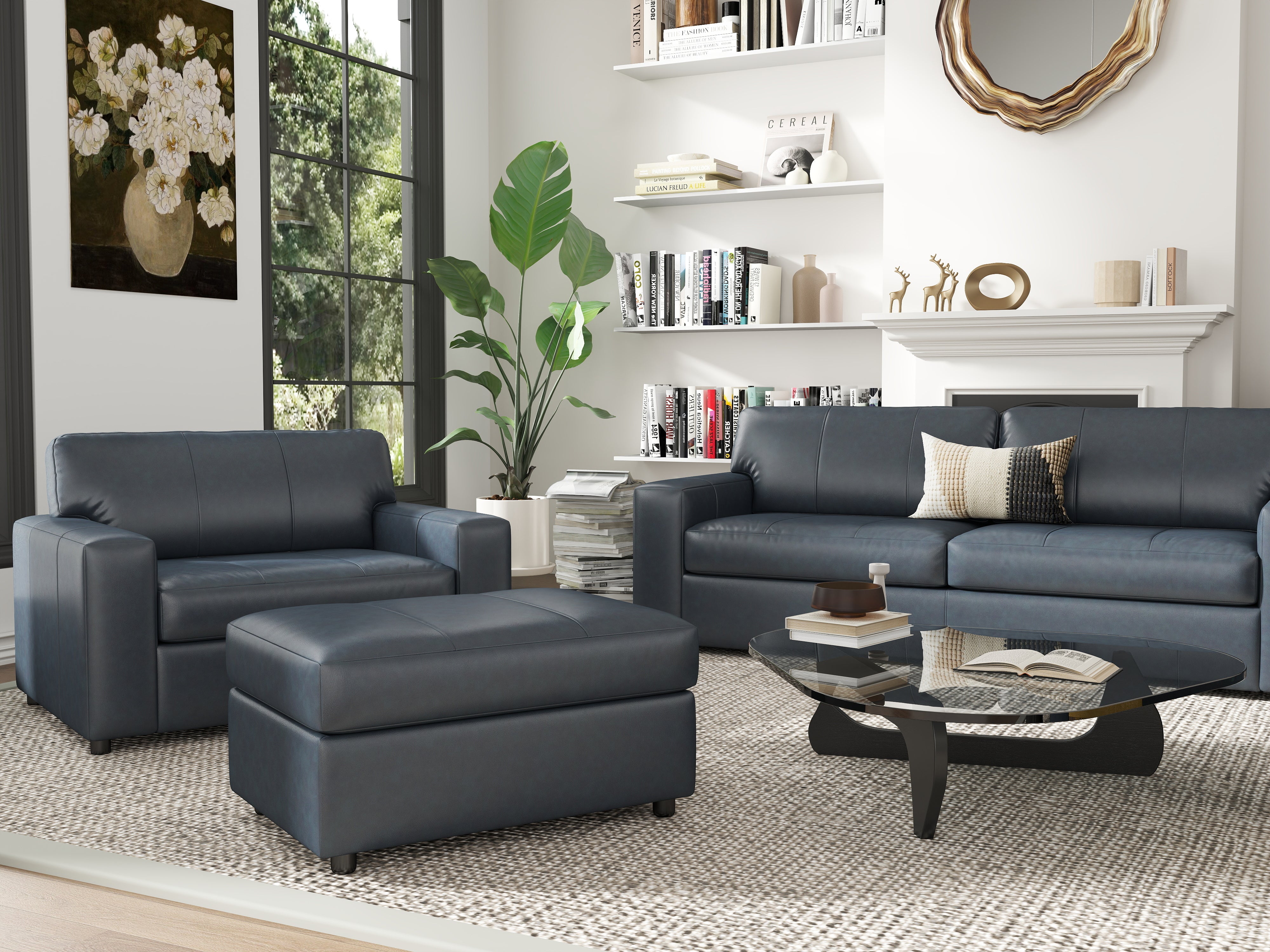 Roundhill Furniture Sakan Genuine Leather Upholstered Living Room Set - Sofa, Loveseat & Chair - Modern Sectional Couch for Home Theater, Family Room & Lounge Areas