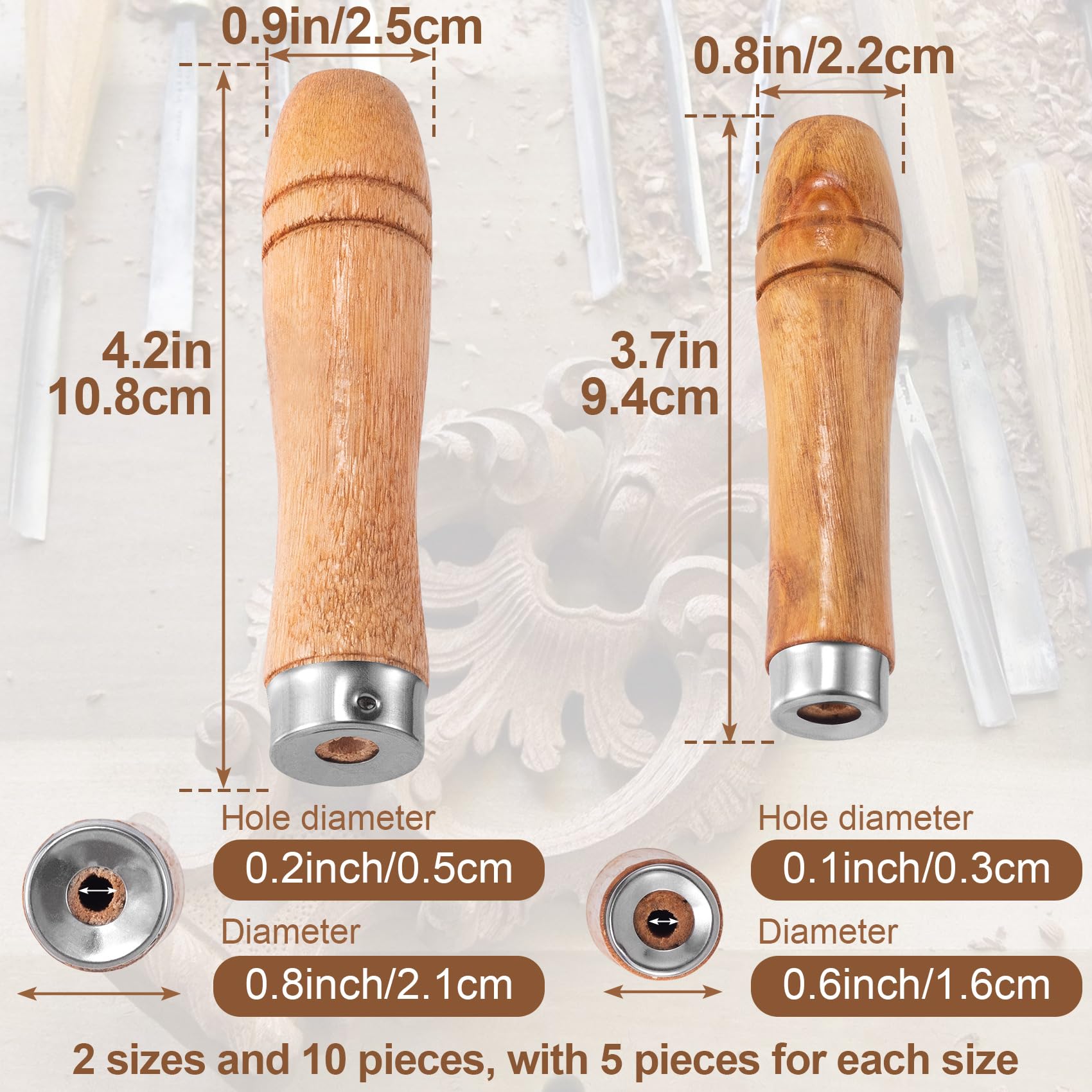 10-Piece Wooden File Handle Set with Heavy-Duty Metal Collars - 5 Medium (6
