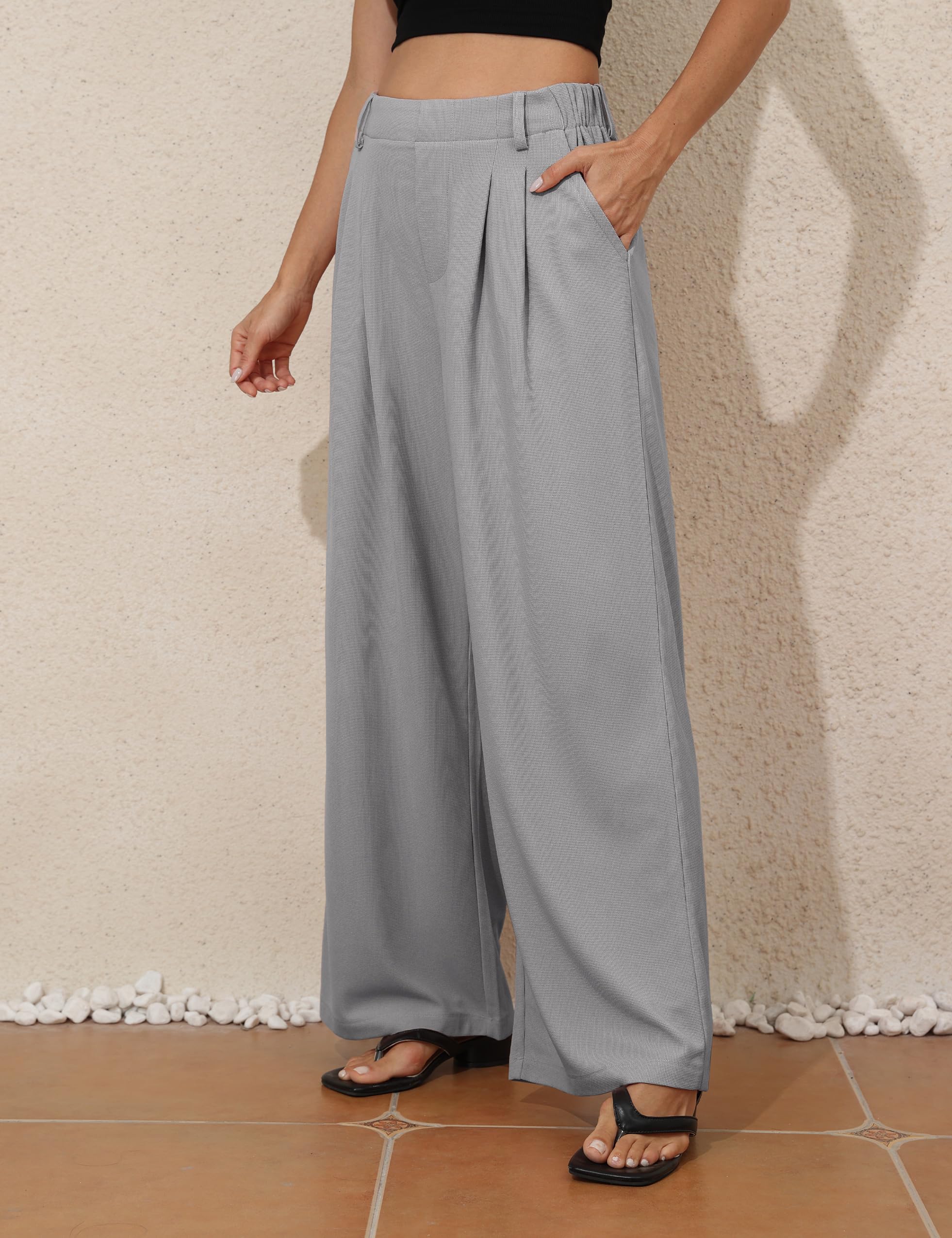 PrettyGuide Women's Wide Leg Dress Pants - Elastic High Waisted Waffle Knit Work Pants with Pockets | Comfortable Palazzo Trousers for Office, Business Casual & Everyday Wear