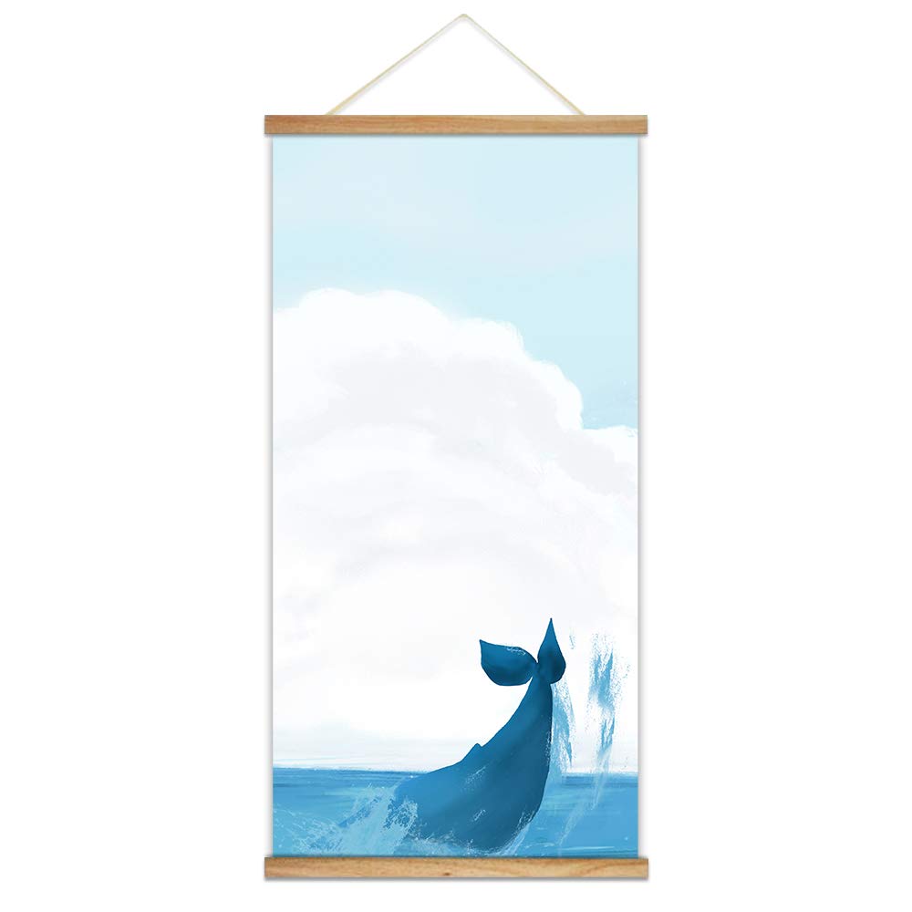 Blue Whale Wall Art Poster - 18x36 Inch Wood Frame Hanging Picture for Home & Office Decor - Perfect for Living Room, Bedroom, or Nursery