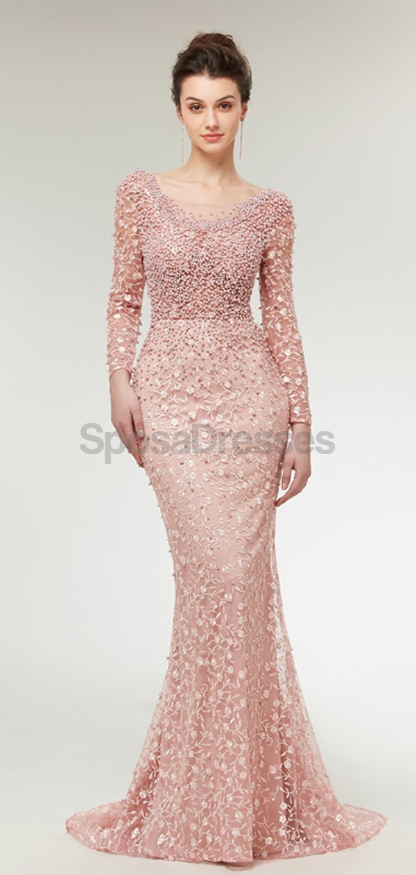 Elegant Long Sleeve Lace Mermaid Peach Evening Gown - Formal Prom Dress for Women | Perfect for Evening Parties, Prom Nights & Special Occasions