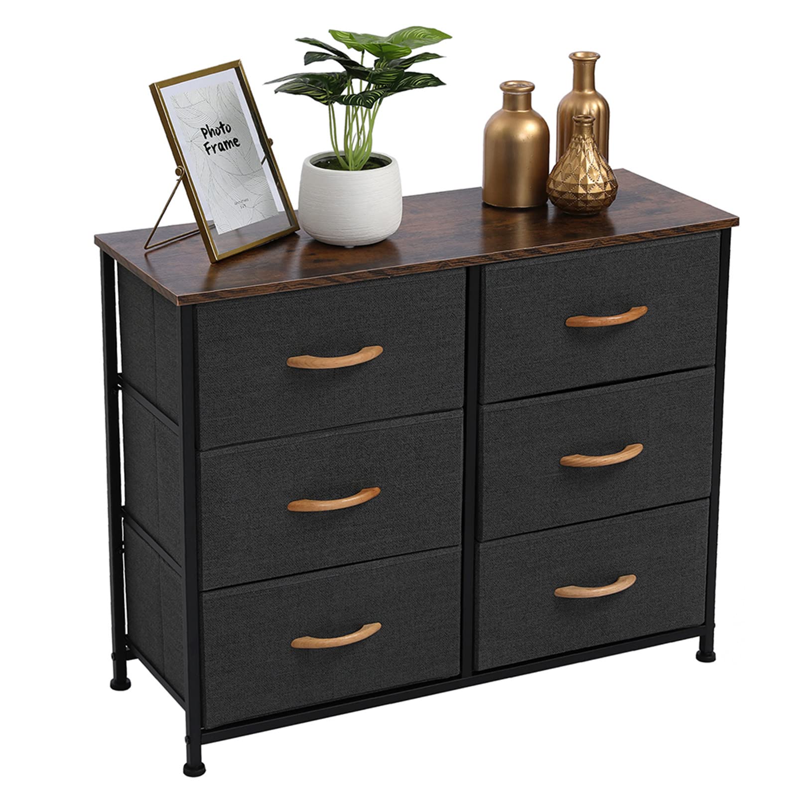 WiCCI 3-Tier Wide Dresser with 6 Fabric Drawers - Sturdy Metal Frame & Wooden Tabletop Storage Unit for Bedroom, Closet, Nursery & Hallway Organization - Space-Saving Gray Dresser for Small Apartments & Dorm Rooms