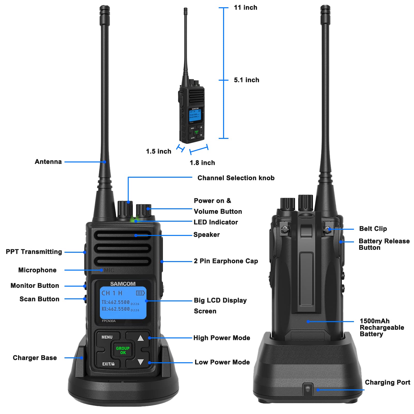 Professional SAMCOM 2-Way Radios Walkie Talkies - Rechargeable Long Range UHF Two Way Radio (5 Watts) with 2-Pin Earpiece & 1500mAh Battery - Ideal for Schools, Warehouses, Churches & Business Communication (19 Pack)
