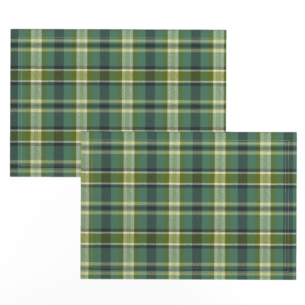 Premium Linen Cotton Canvas Placemats Set of 2 - Celtic Green Plaid Tartan Check Print Table Mats for Dining, Kitchen Decor, and Holiday Dinner Parties