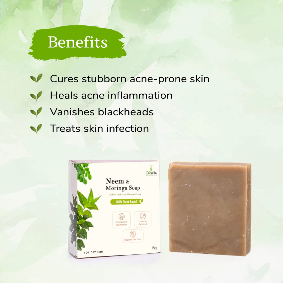 **Grewaa Neem & Moringa Soap for Acne, Pimples & Dry Skin – Cold-Processed 100% Natural with Neem, Moringa & Olive Oil (75g) – Gentle Cleansing for Face & Body – Perfect for Sensitive & Problem Skin**
