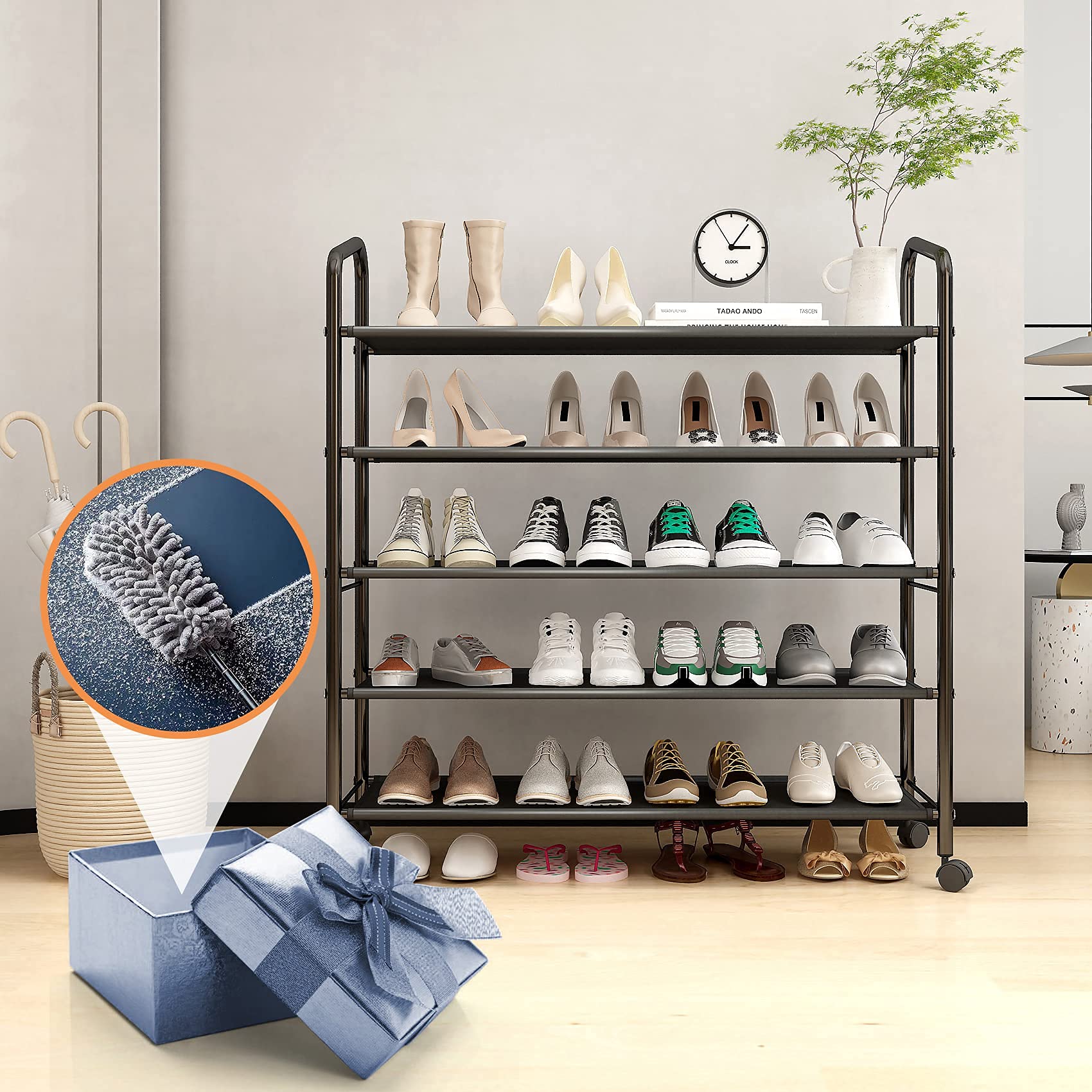 5-Tier Black Metal Shoe Rack Organizer with Wheels - Sturdy Rolling Shoe Storage Shelf for Entryway, Closet, Garage & Floor - 31-Inch Wide Fabric Shelves for Sneakers, Boots & Sandals - Space-Saving Home Organization Solution
