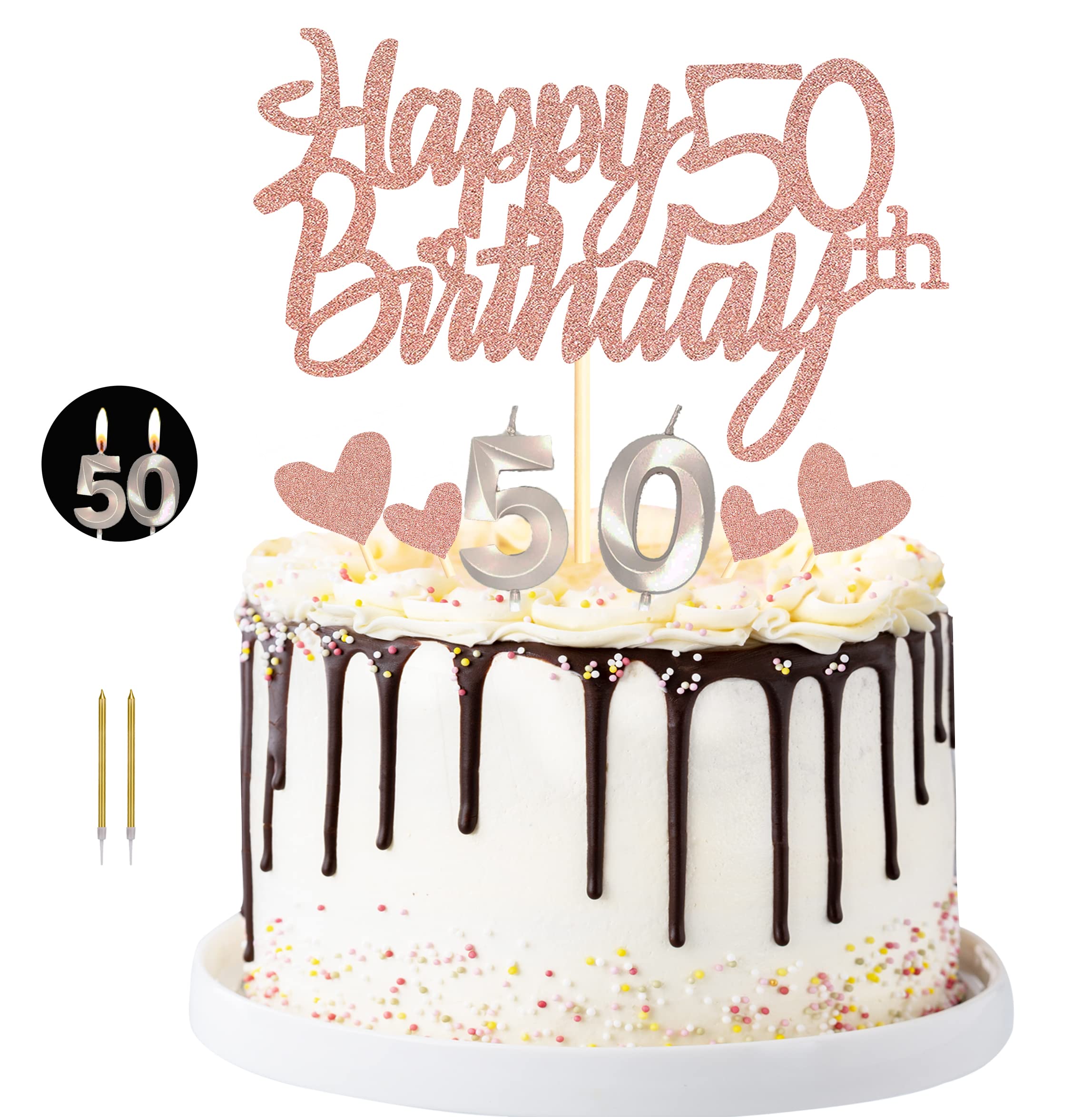 50th Birthday Cake Topper Set - Number 50 Candles, Heart Cupcake Toppers & Cake Decorations (17-Piece) for 50th Anniversary Party | Perfect for Milestone Celebrations, Retirement Parties & Golden Jubilees