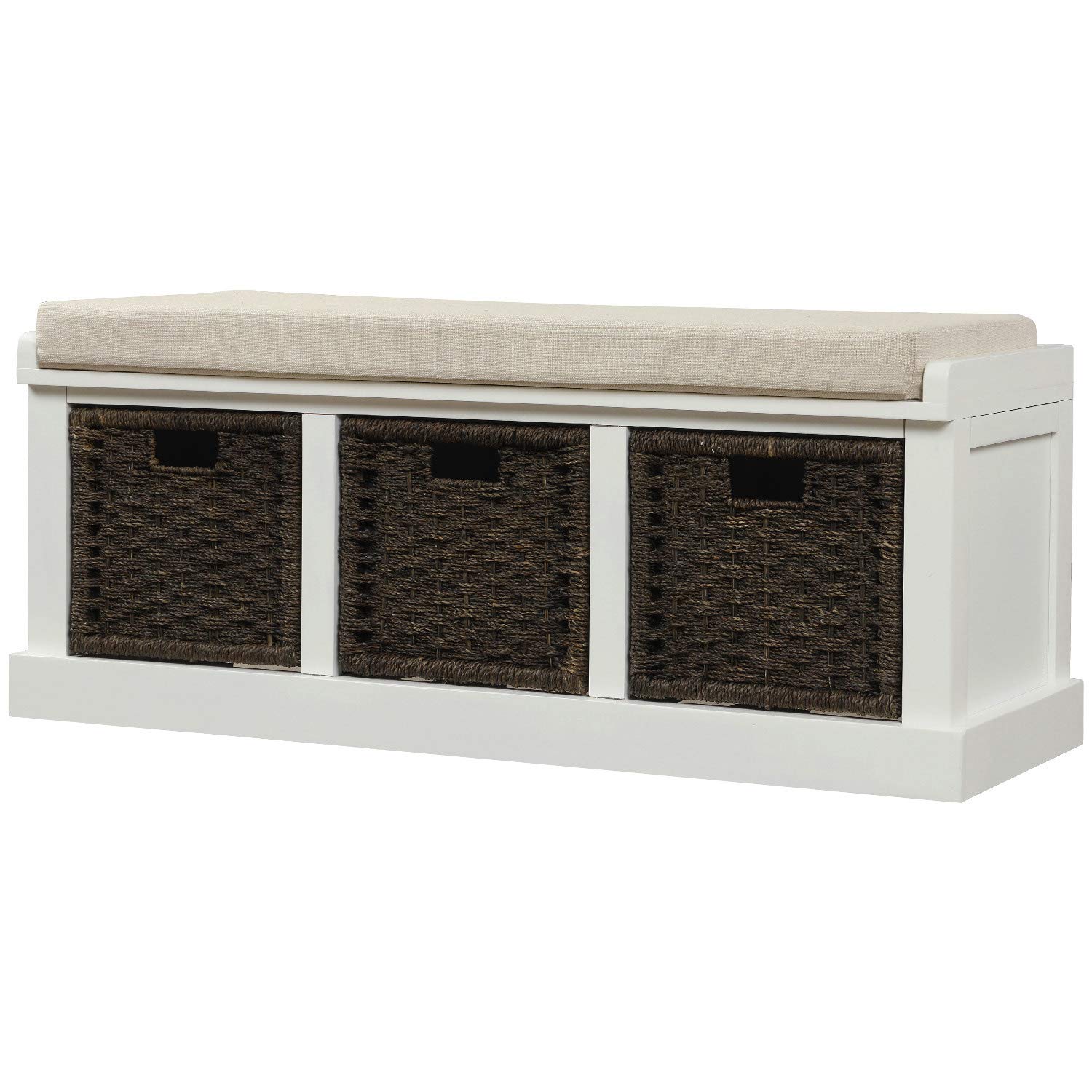 Wicker Storage Bench with 3 Woven Baskets & Removable Cushion - Wooden Entryway Shoe Bench for Hallway, Living Room, Bedroom - White - Perfect for Organizing Shoes, Blankets & Home Decor in Small Spaces