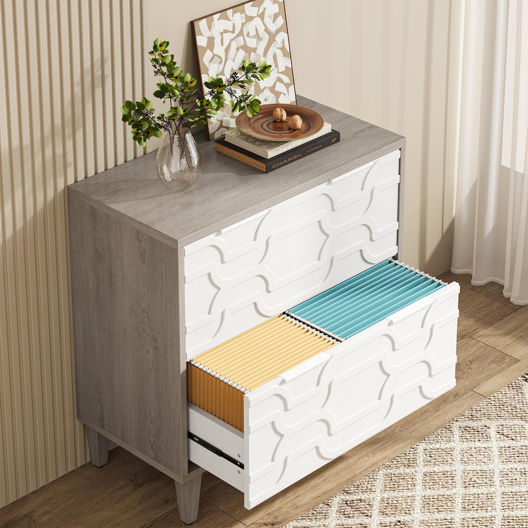 Tribesigns 2-Drawer Lateral File Cabinet - A4 Letter Legal Size Office Storage Organizer with Printer Stand - White & Gray Home Office Filing Solution for Documents & Supplies