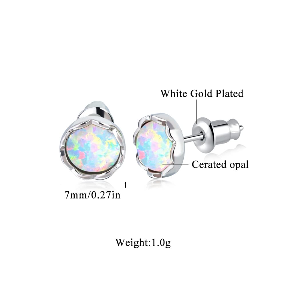 14K White Gold Plated Opal Stud Earrings for Women - 7mm Round Genuine Opal Jewelry - Perfect for Weddings, Parties & Everyday Wear