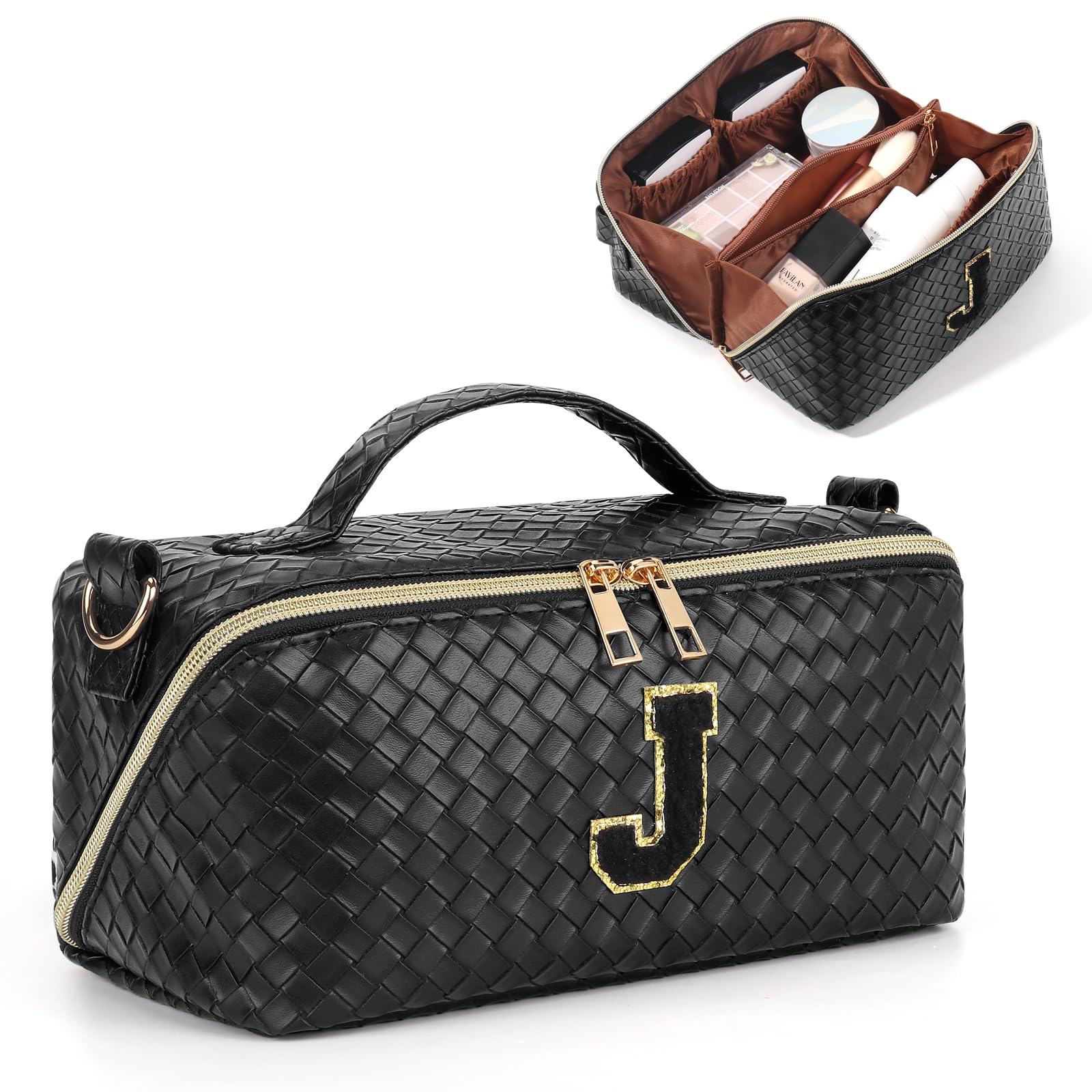 Large Travel Makeup Bag with 26 Initials - Portable Cosmetic Organizer for Women & Girls, Crossbody Toiletry Pouch with Strap (Black, J) - Perfect for Vacations, Gym & Daily Essentials