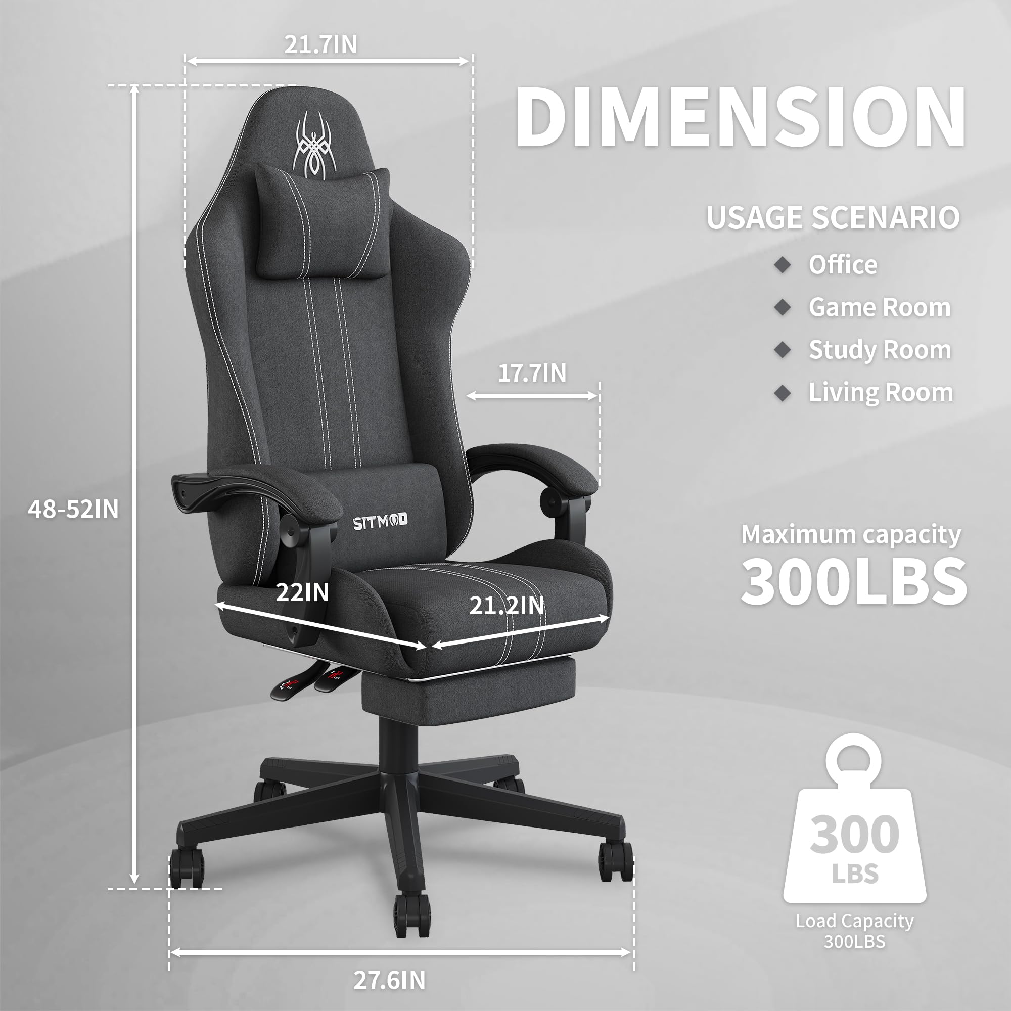 SITMOD Ergonomic Gaming Chair with Adjustable Headrest & Lumbar Support - Breathable Fabric Big and Tall Computer Chair with Footrest, Recliner & 360° Swivel - Comfortable Office & Gaming Chair for Adults (Grey) - Perfect for Long Gaming Sessions & Home Office Work