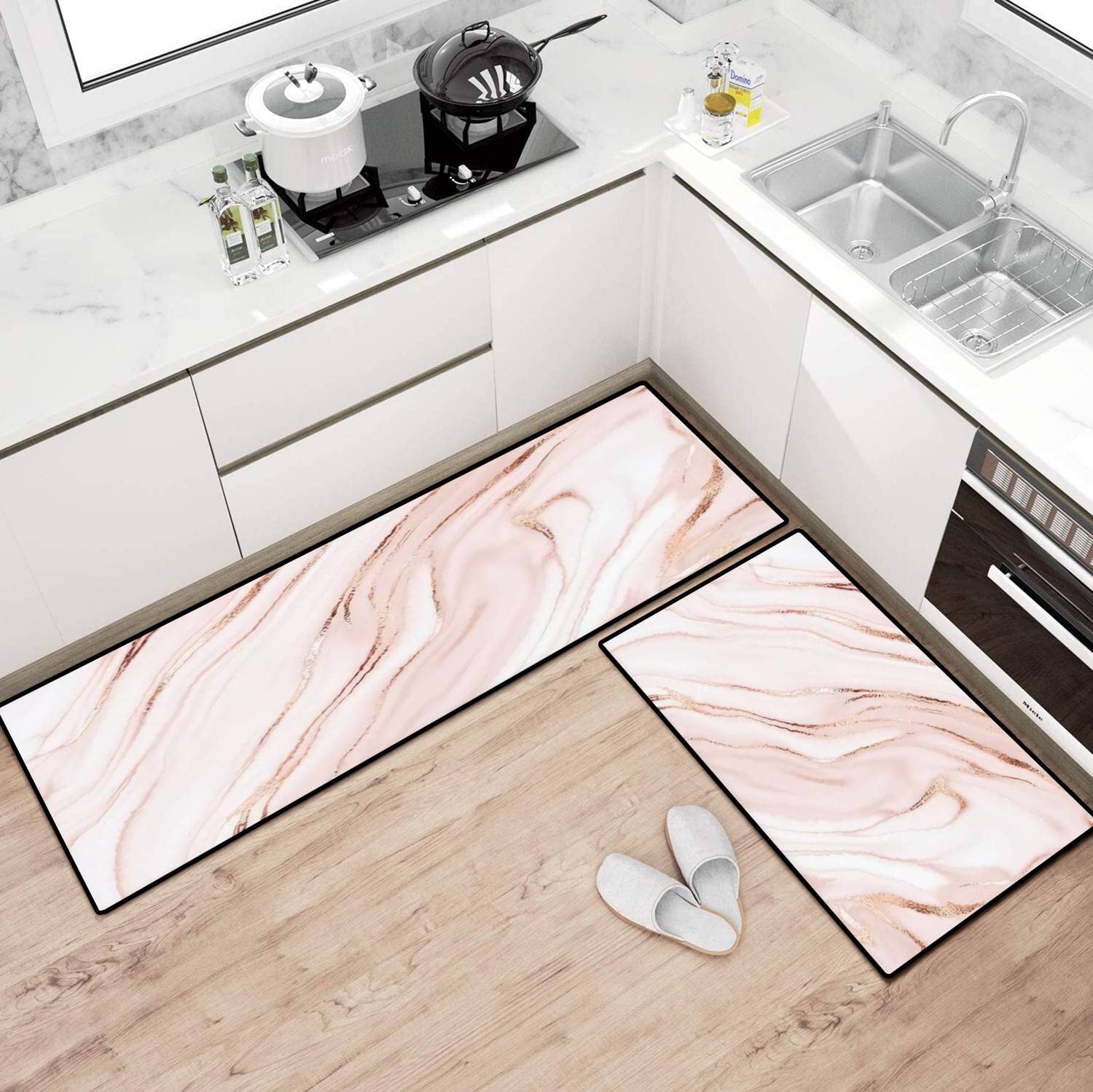 Elegant Marble Abstract Design Non-Slip Kitchen Rugs Set - Washable Rose Gold Floor Mat, Runner & Bath Rug - Perfect for Kitchen, Entryway & Bathroom Decor