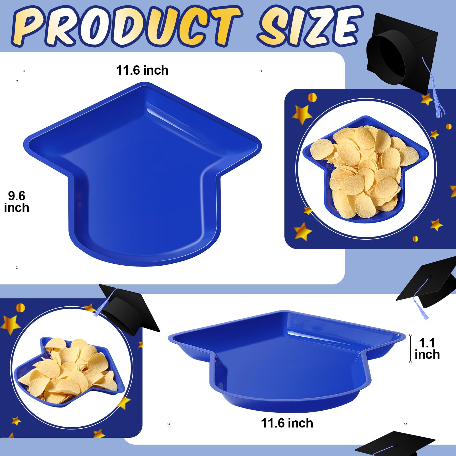 24-Pack Graduation Party Plates - Hat-Shaped Reusable Snack Trays for Cookies, Chips & Candy - 11.6 x 9.6 Inch Blue Graduation Decor - Perfect for Grad Parties, Dessert Buffets & School Celebrations