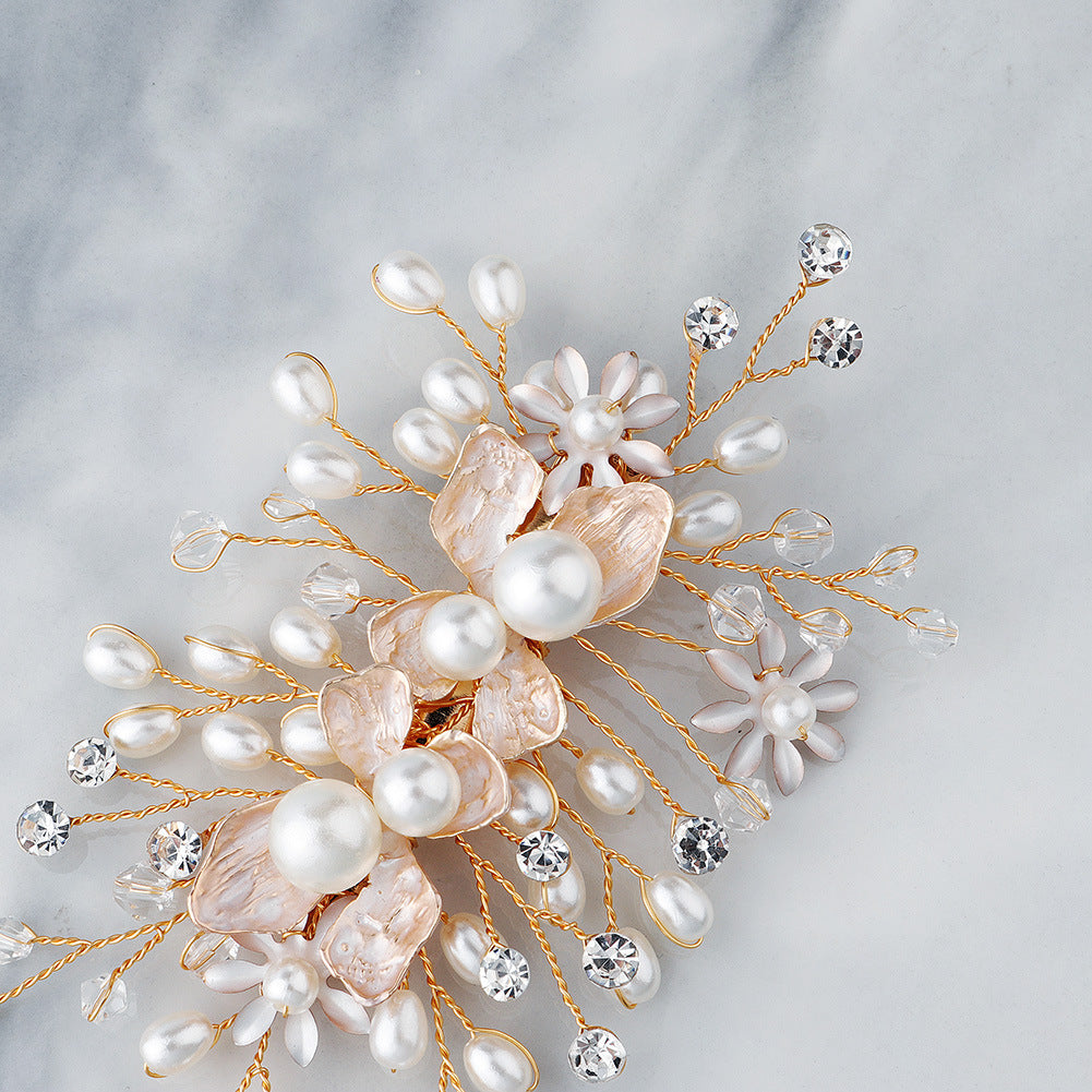 Gold Rhinestone Pearl Flower Hair Clip for Brides - Elegant Wedding Side Hair Accessory for Bridal Party, Prom, and Special Occasions