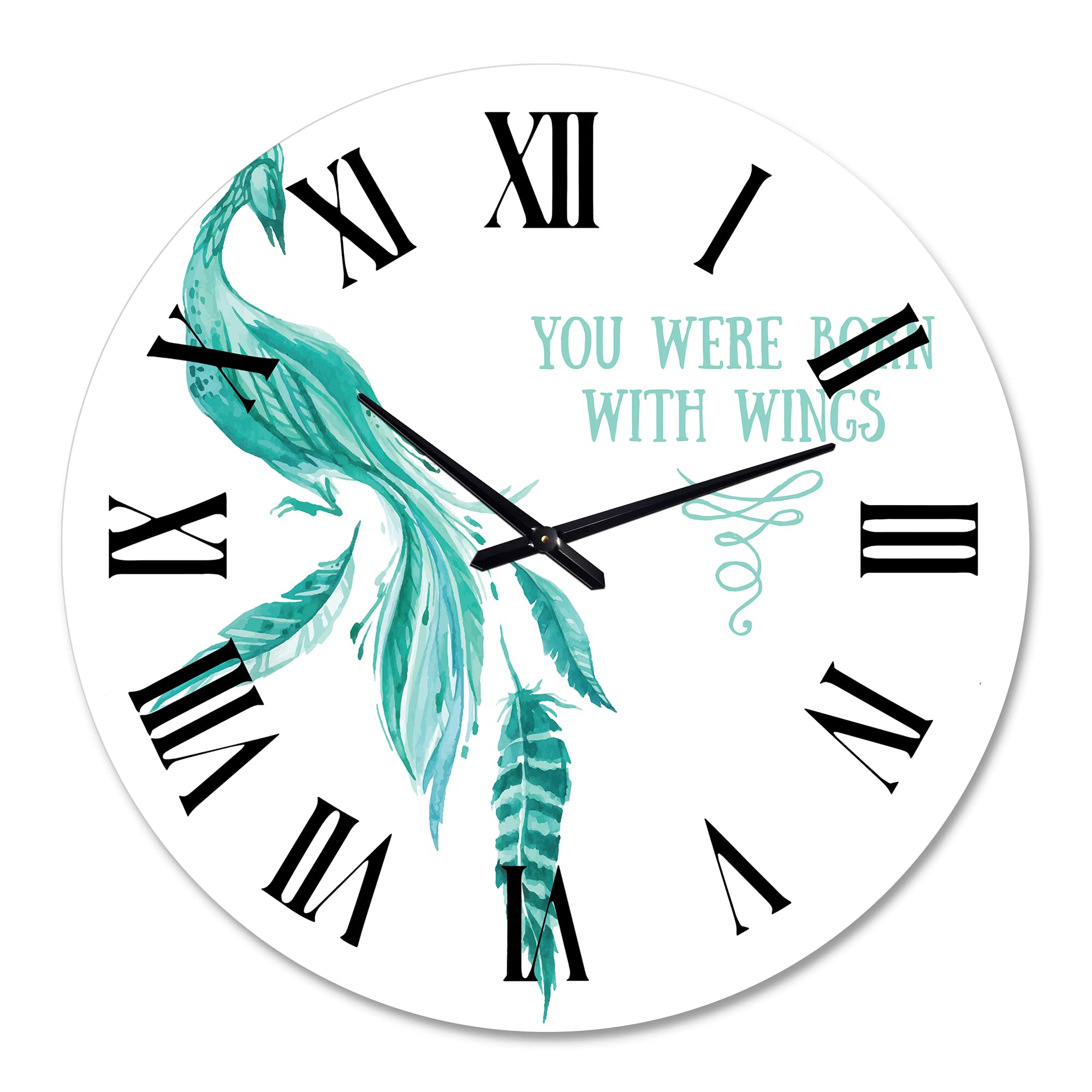 DesignQ Traditional Wall Clock 'Mystic Mint Bird You Were Born with Wings' - Large Decorative Animal Wall Clock for Bedroom, Living Room & Office - Silent Non-Ticking Home Décor