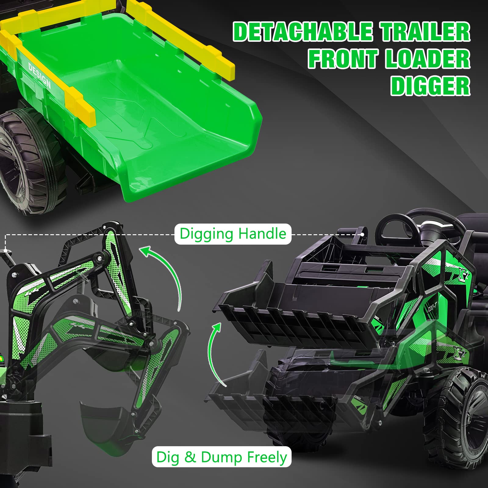 GARVEE 24V 3-in-1 Electric Ride On Tractor for Kids Ages 3-8 Years | Excavator & Bulldozer Toy with Remote Control, LED Lights, Music & Bluetooth | Max Weight 66 lbs | Perfect for Indoor & Outdoor Play, Birthday Gifts