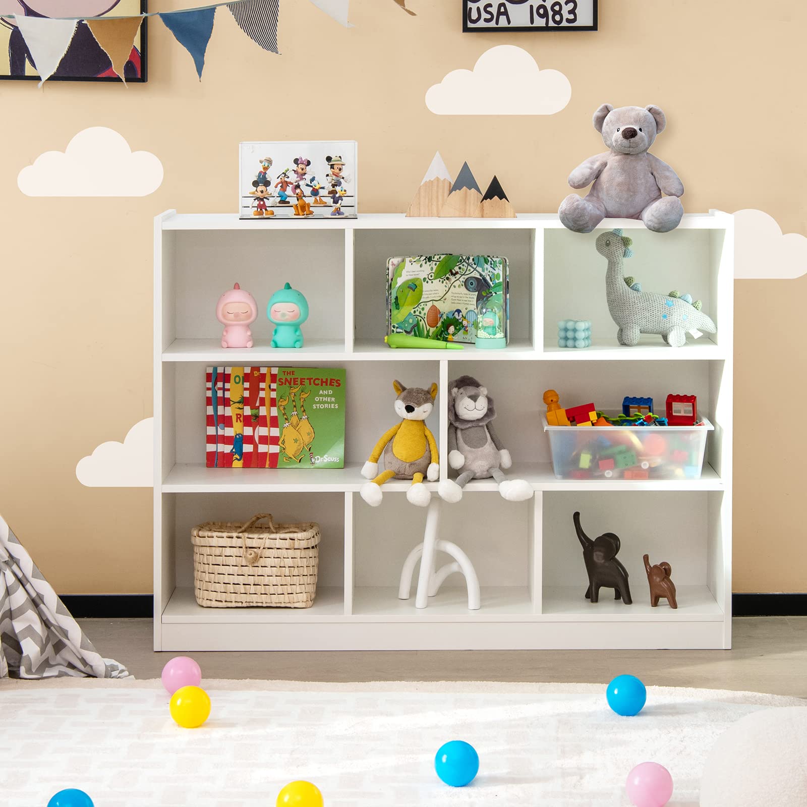 LOKO 3-Tier Open Shelf Bookcase - White Wood Floor Standing Bookshelf with 8 Storage Cubes (48