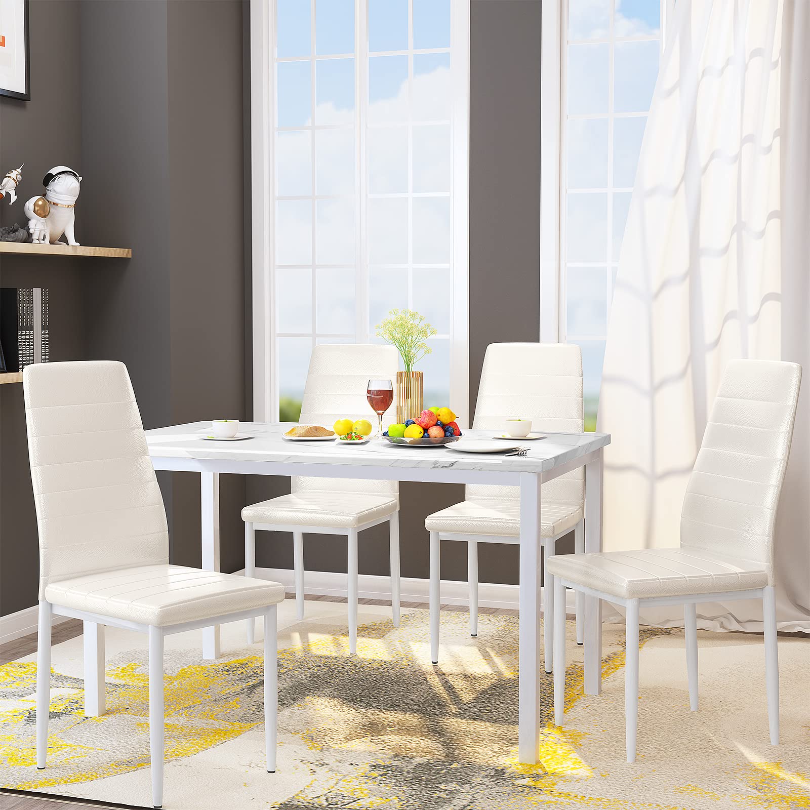 Modern 5-Piece Dining Table Set for 4 - White Faux Marble Kitchen Table with Upholstered Leather Chairs | Space-Saving Dining Room Furniture for Small Spaces, Breakfast Nook & Apartment Dinette | Perfect for Family Meals, Entertaining Guests & Cozy Dining
