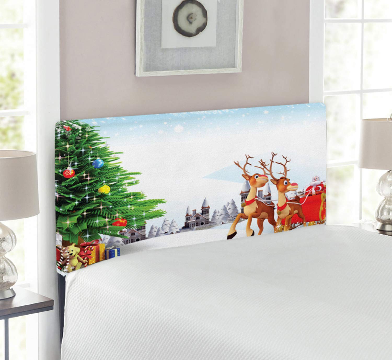 Ambesonne Santa Headboard - Snow Covered Christmas Village with Cartoon Santa on Sleigh, Big Tree & Gift Boxes - Upholstered Decorative Metal Bed Headboard with Memory Foam - Twin Size Multicolor - Perfect for Holiday Bedroom Decor & Christmas Themed Rooms