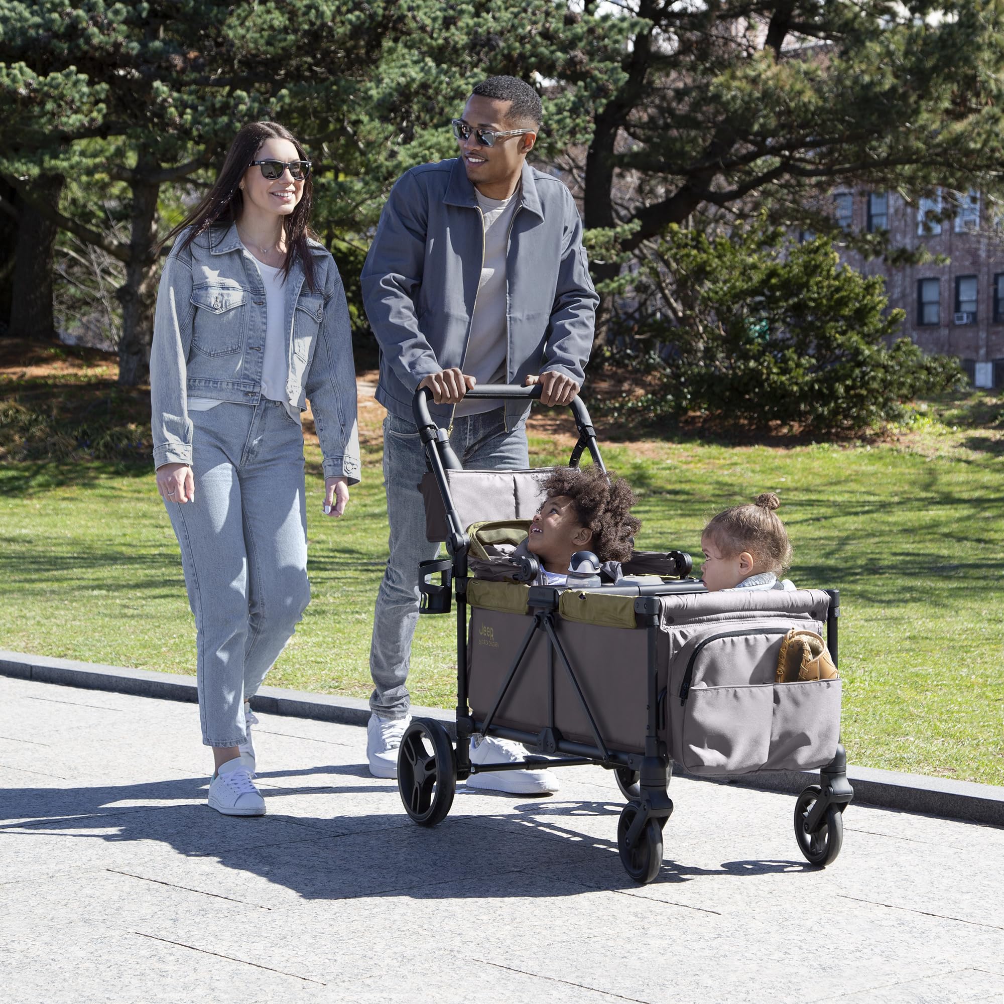 Delta Children Jeep Sport All-Terrain Stroller Wagon with Canopy, Parent Organizer & Adjustable Handlebar - Grey/Olive Green | Perfect for Outdoor Adventures, Beach Trips & Family Outings