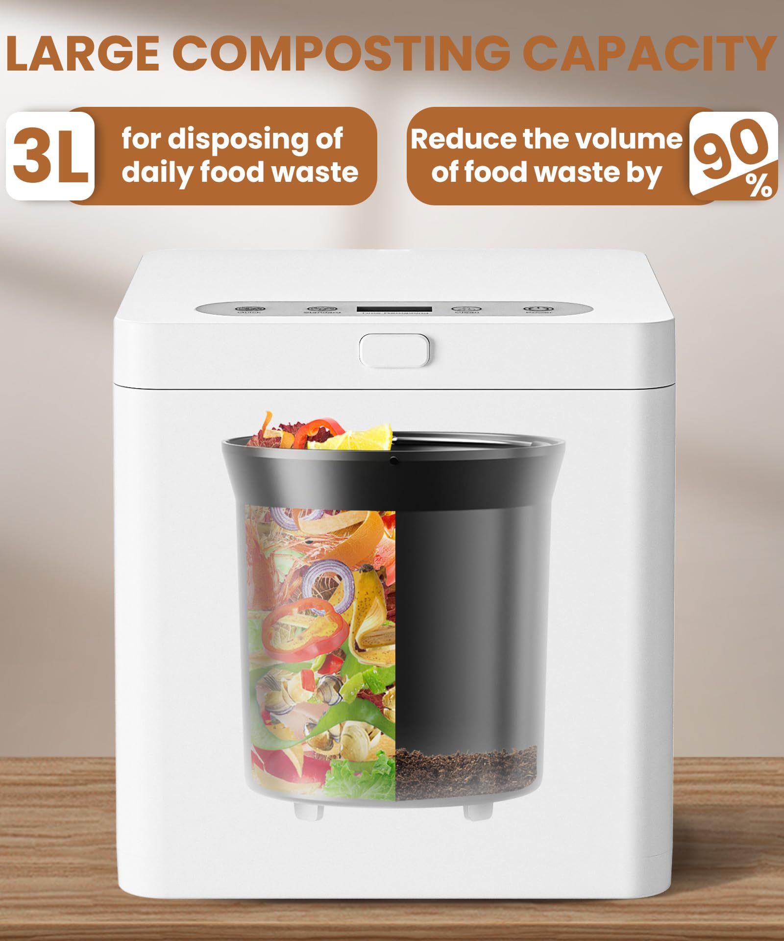 3L Electric Kitchen Composter - Smart Countertop Compost Bin with Odorless Operation, Auto-Clean & LED Display - Converts Food Waste to Fertilizer in 4-6 Hours - Perfect for Eco-Friendly Homes & Small Kitchen Spaces