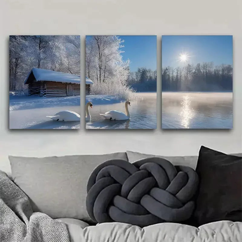 3-Piece Winter Swan Lake Wrapped Wall Art Set - Framed Canvas 40x60cm - High Quality Print - 100% Australian Made - Ready to Hang - Perfect for Living Room, Bedroom & Office Decor