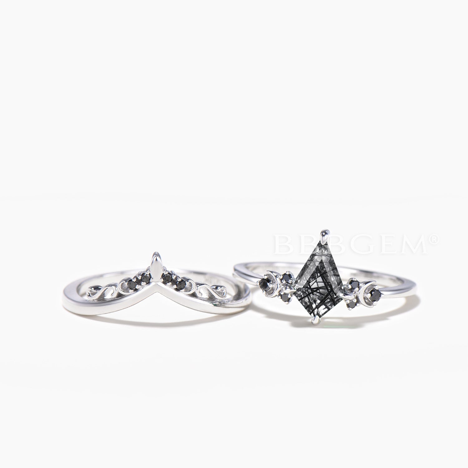 Natural Black Rutilated Quartz & Spinel Engagement Ring Set - Celestial Bridal Jewelry for Weddings, Anniversaries & Special Occasions