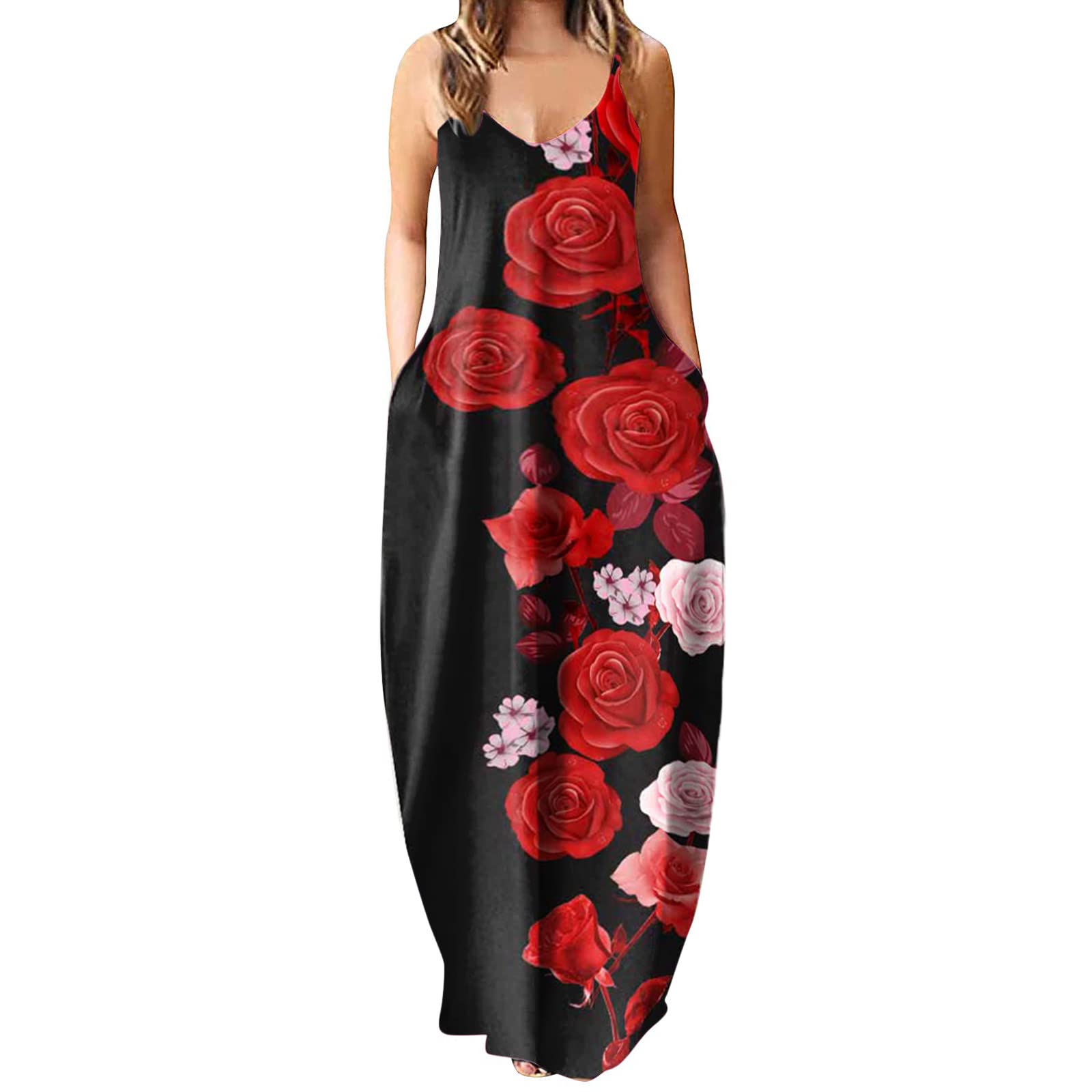 Plus Size Maxi Dress for Women - Casual Sleeveless Long Summer Dress with Pockets, Loose Plain Beach Dress for Vacation, Pool Party & Outdoor Activities