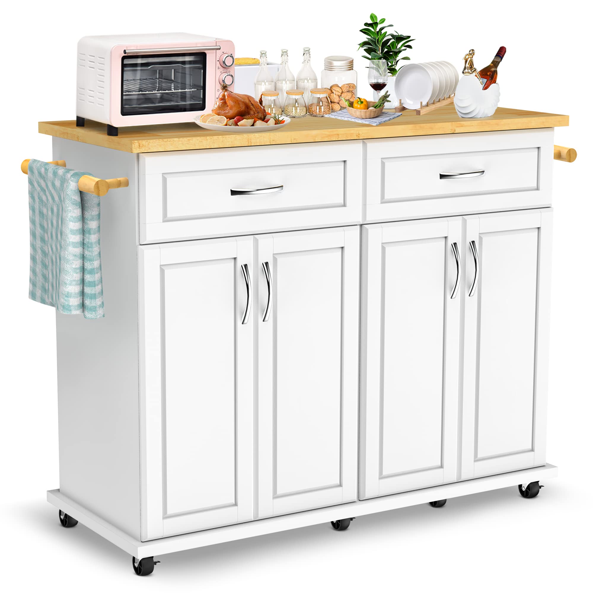 White Kitchen Island Cart with Storage Cabinet & Drawer - 48