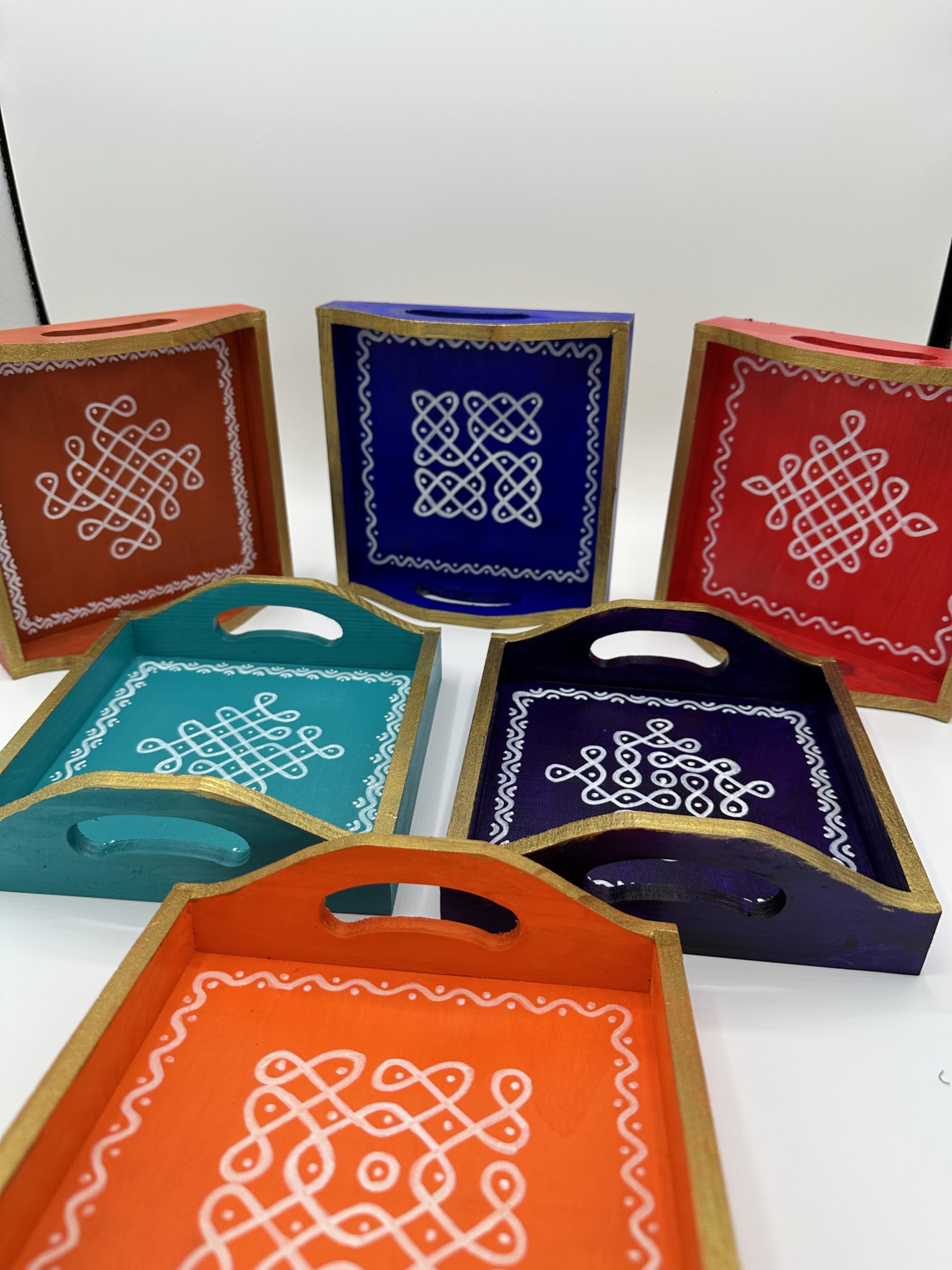 Hand Painted Indian Kolam Trays - 6x6 Inch Decorative Serving Trays for Coffee Table - Traditional Indian Housewarming, Wedding & Pooja Gifts (Set of 10) - Perfect for Festive Decor, Tea Parties & Cultural Celebrations