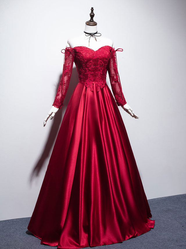 Elegant Burgundy Sweetheart Neckline Lace & Satin Long Prom Dress - Formal Evening Gown for Homecoming, Wedding, Ball & Special Occasions