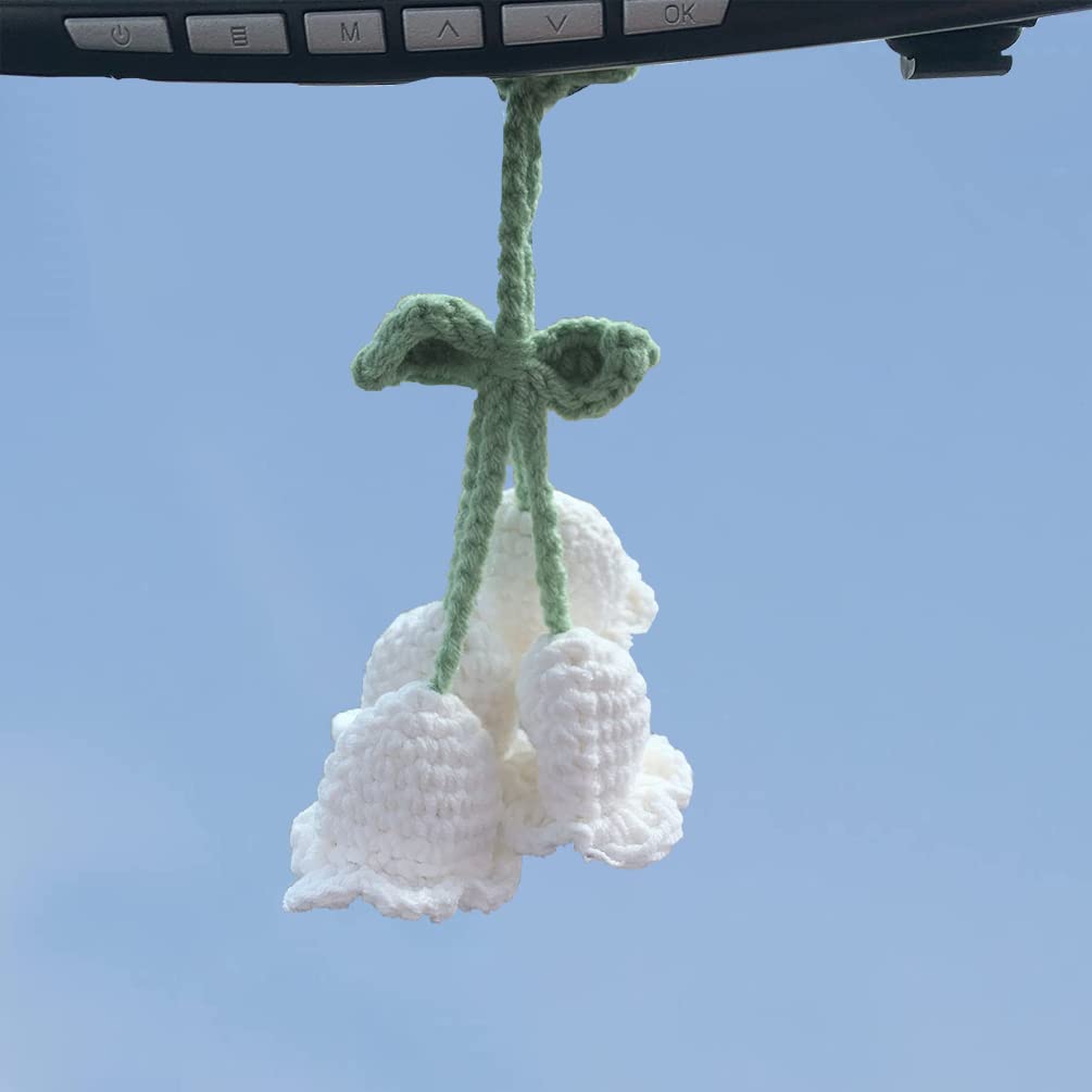 Cute Handmade Crochet Convallaria Car Hanging Ornament - White Knitted Flora Flower Mirror Decor for Car Rearview Accessories, Perfect for Home & Office Decoration