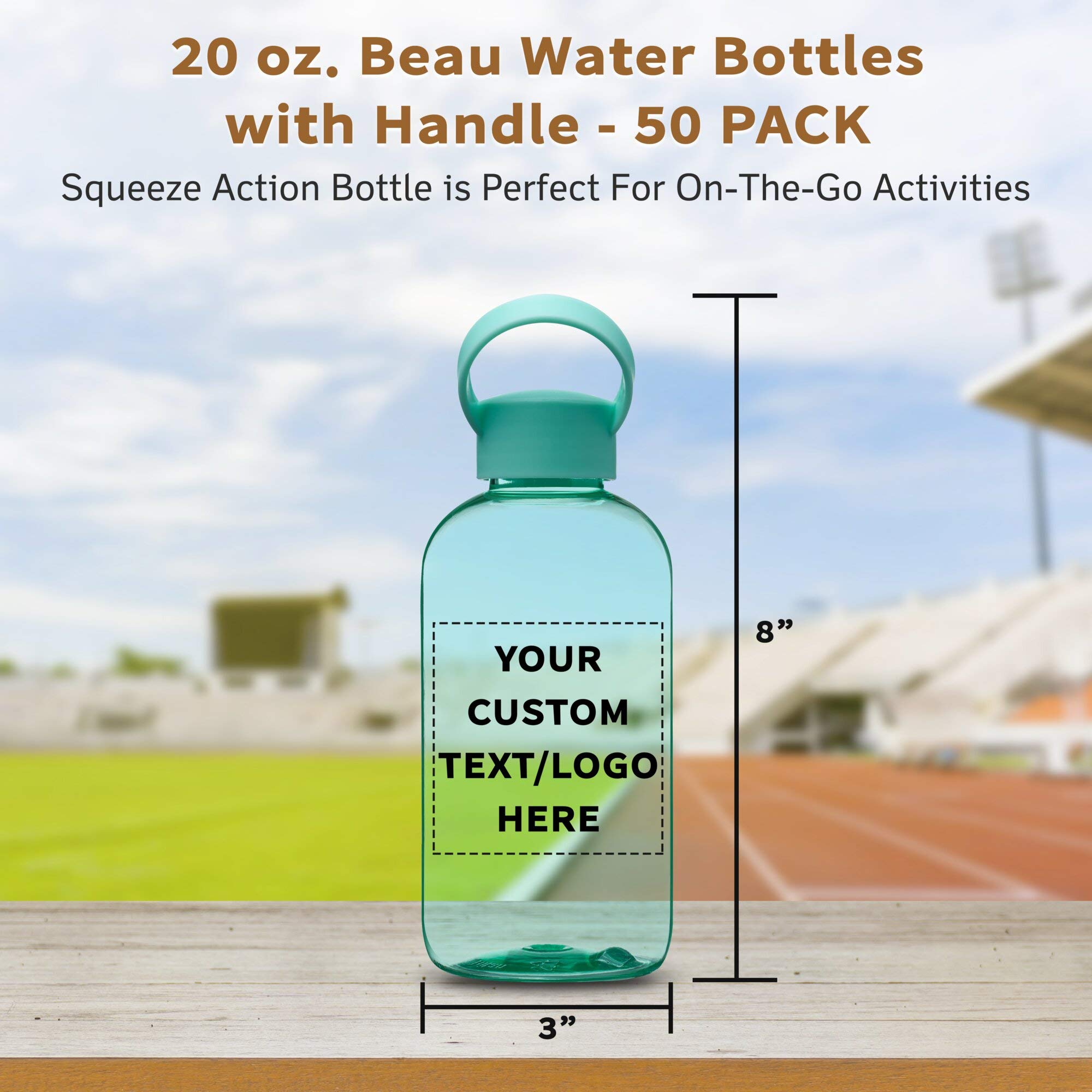50 Pack Customizable 20 oz Plastic Water Bottles with Handle - Flexi-Grip Design, Bulk Drinkware for Schools, Gyms & Events - Mint Green (Text/Logo Printing Available)