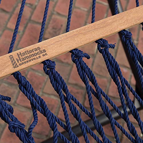Premium Handwoven Hatteras Hammocks - Large Navy Blue Duracord Rope Hammock with Free Extension Chains & Tree Hooks | Made in USA | 450 LB Capacity for 2 People (13ft x 55in) | Perfect for Backyard Relaxation, Camping Trips & Beach Vacations