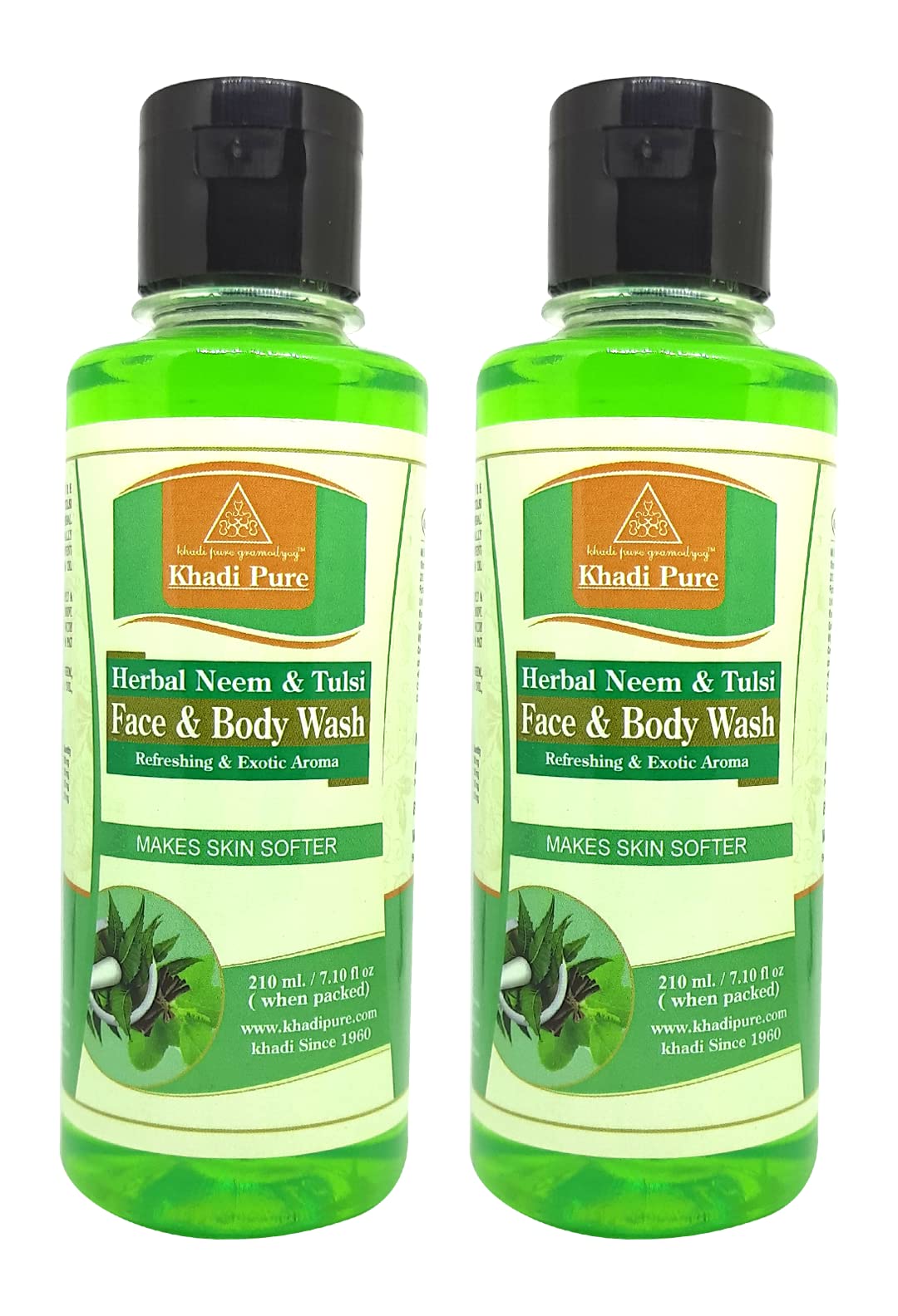 Khadi Pure Herbal Neem & Tulsi Face and Body Wash - 210ml (Pack of 2) | Natural Green Formula for Acne & Skin Care | Perfect for Daily Cleansing & Ayurvedic Beauty Routine