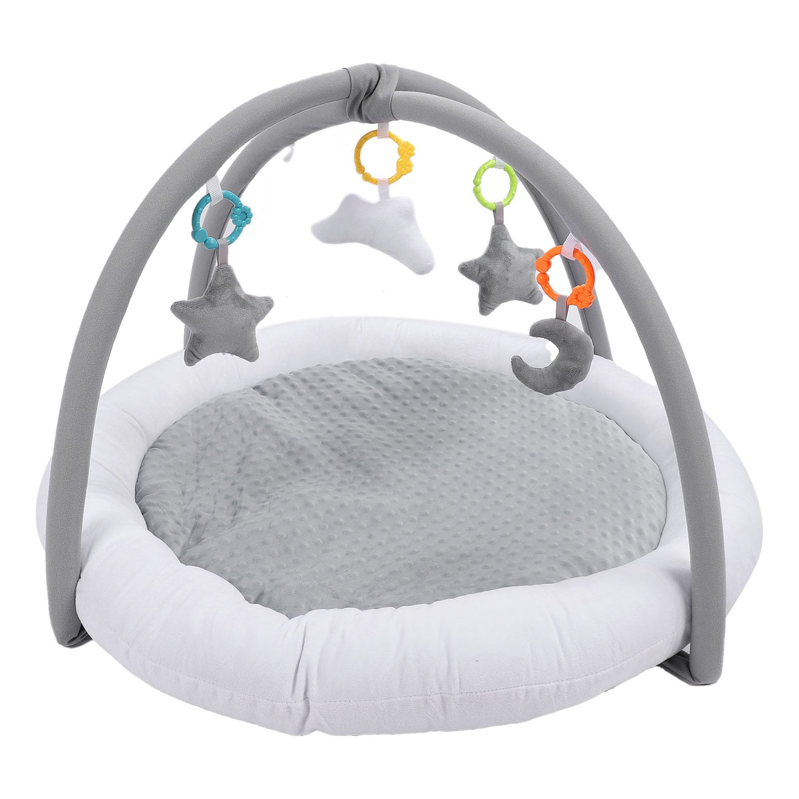 BTSEURY Baby Play Gym Mat - Soft Plush Sensory Activity Mat with 4 Toys for Newborns & Infants 0-24 Months | Thick Cotton Filling, Round Design for Tummy Time & Early Development | Perfect for Nursery, Daycare & Travel