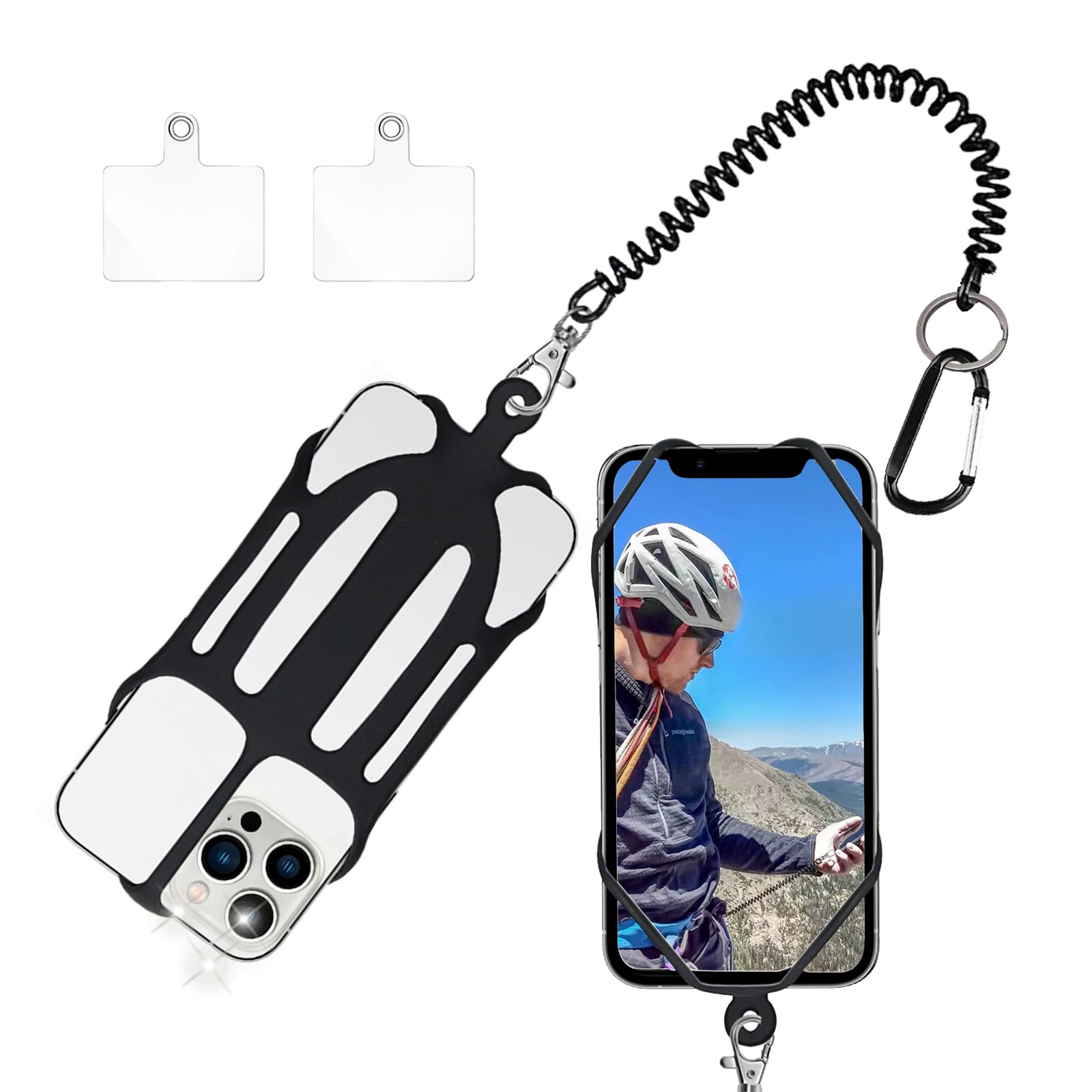 2 in 1 Anti-Drop Phone Lanyard with Silicone Holder & Carabiner Clip - Universal Phone Tether for iPhone & Android (Black) - Perfect for Hiking, Travel, and Outdoor Activities