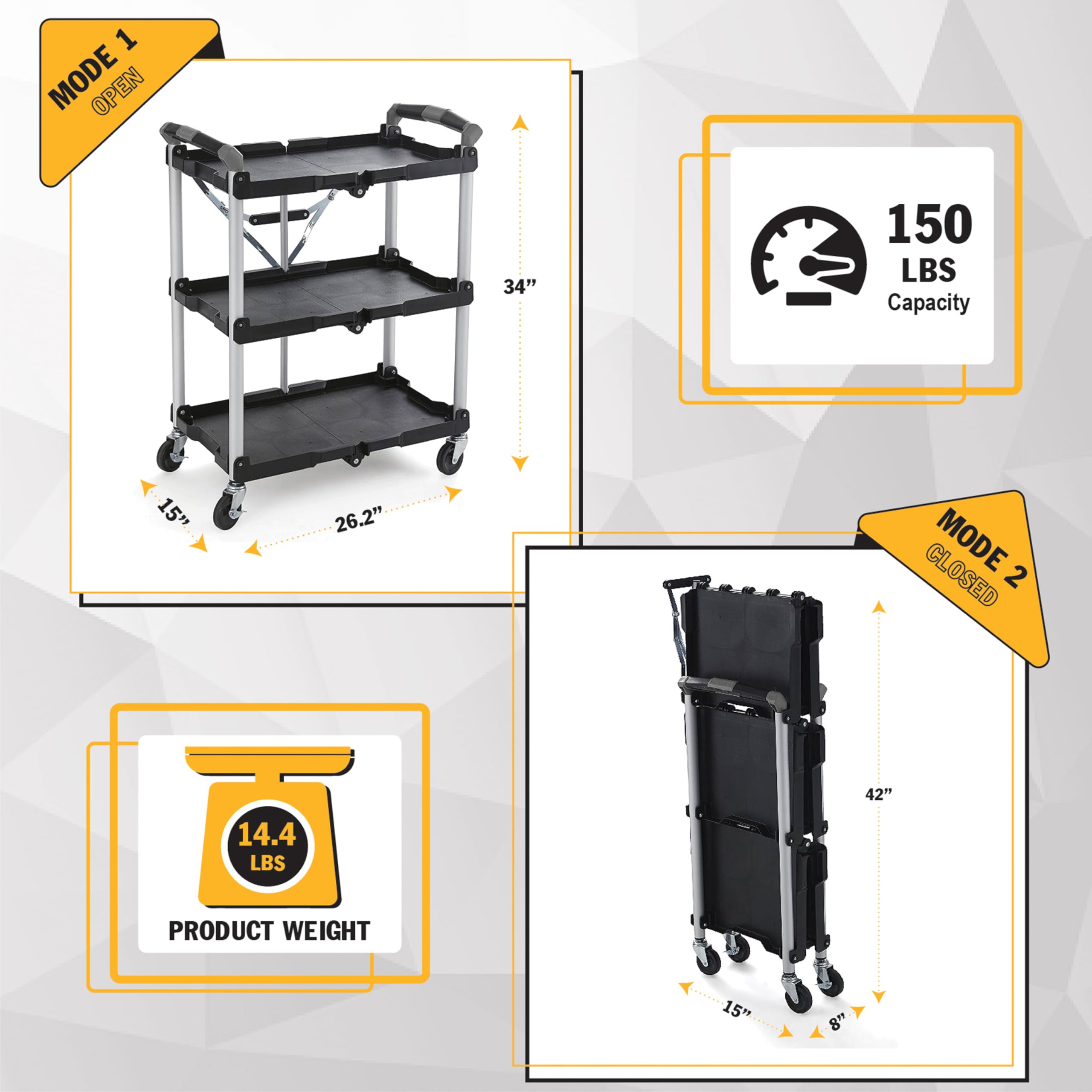 Olympia Tools 85-188 Pack-N-Roll Folding Collapsible Service Cart - Heavy Duty 150LB Capacity Utility Cart with Wheels - Perfect for Warehouse, Workshop, Garage & Home Organization - Black