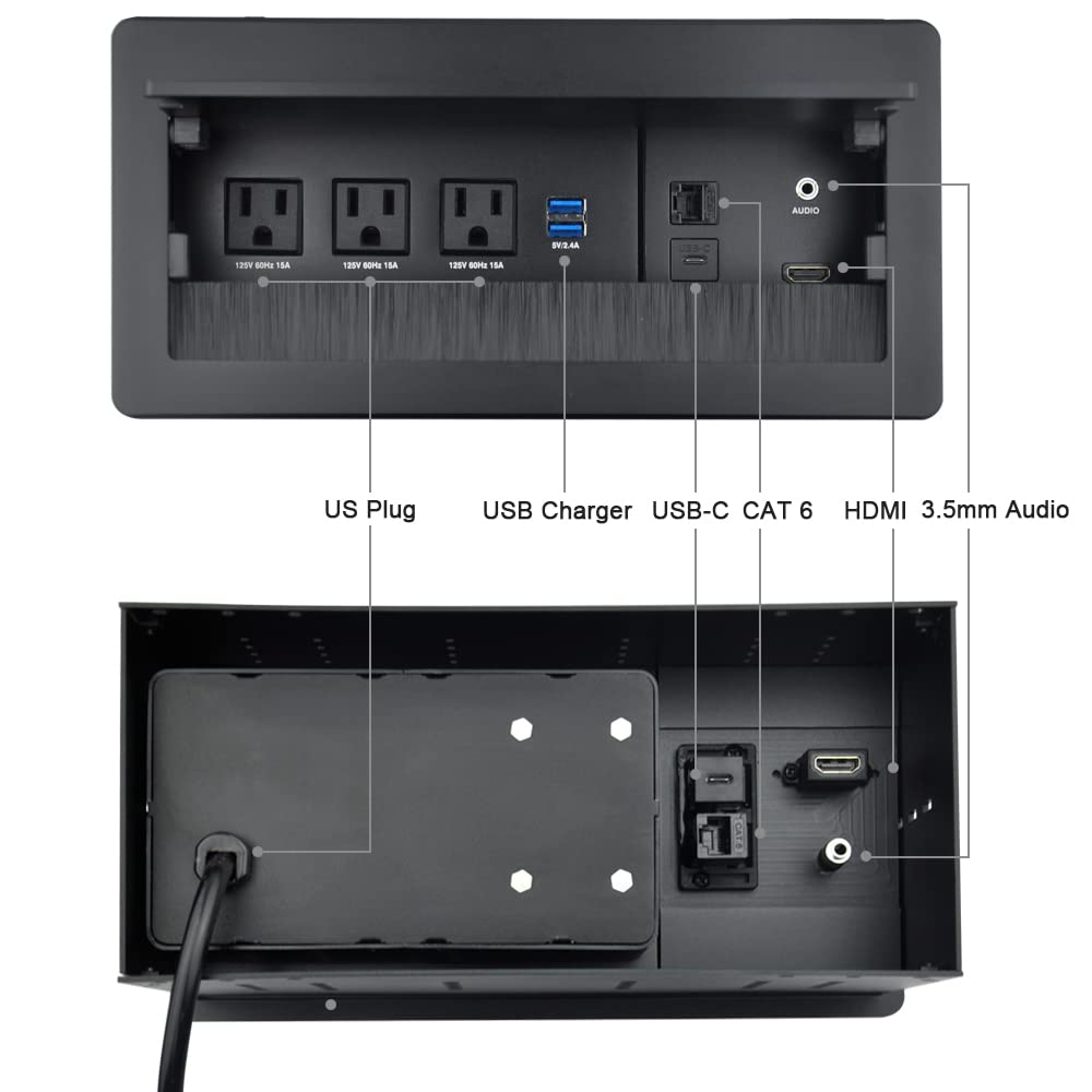 Premium 6-in-1 Multimedia Connectivity Hub - 3 AC Outlets, 2 USB-A & 1 USB-C Ports, HDMI, RJ45 (CAT6), Audio Jack - 5.58ft Power Cord - Ideal for Conference Rooms, Home Offices & Gaming Setups (Black)