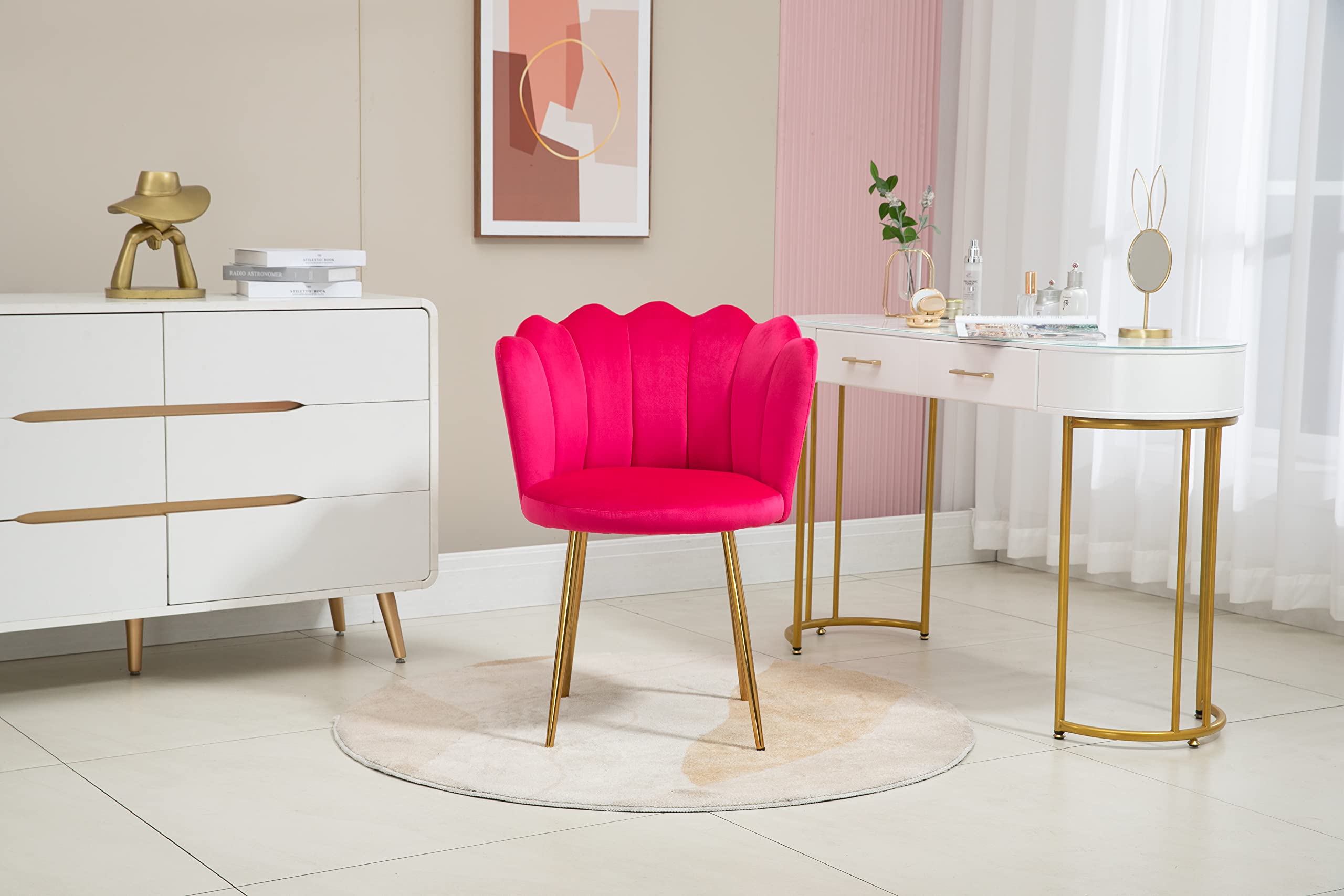 Modern Velvet Vanity Chair with Golden Metal Legs & Petal Back - Comfy Upholstered Armchair for Bedroom, Dining Room, Makeup Desk - Rose Red Accent Chair for Women, Girls & Kids - Perfect for Dressing Tables, Bedroom Seating & Home Decor